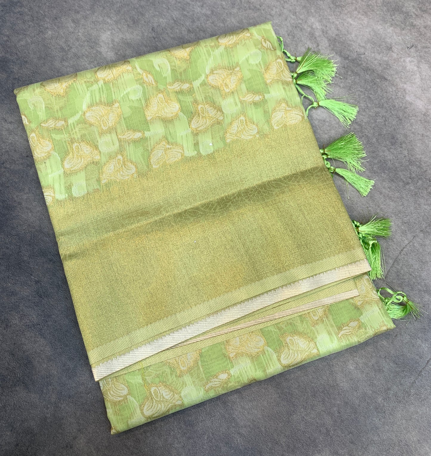 Banaras Katan Saree Apple Green Colour with Katan Work Border