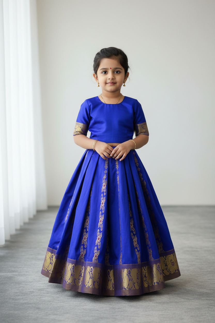 Blue Shade Pure Kanchipuram Kids Pattu Pavadai with Contrast Border for Newborn to 2 Years
