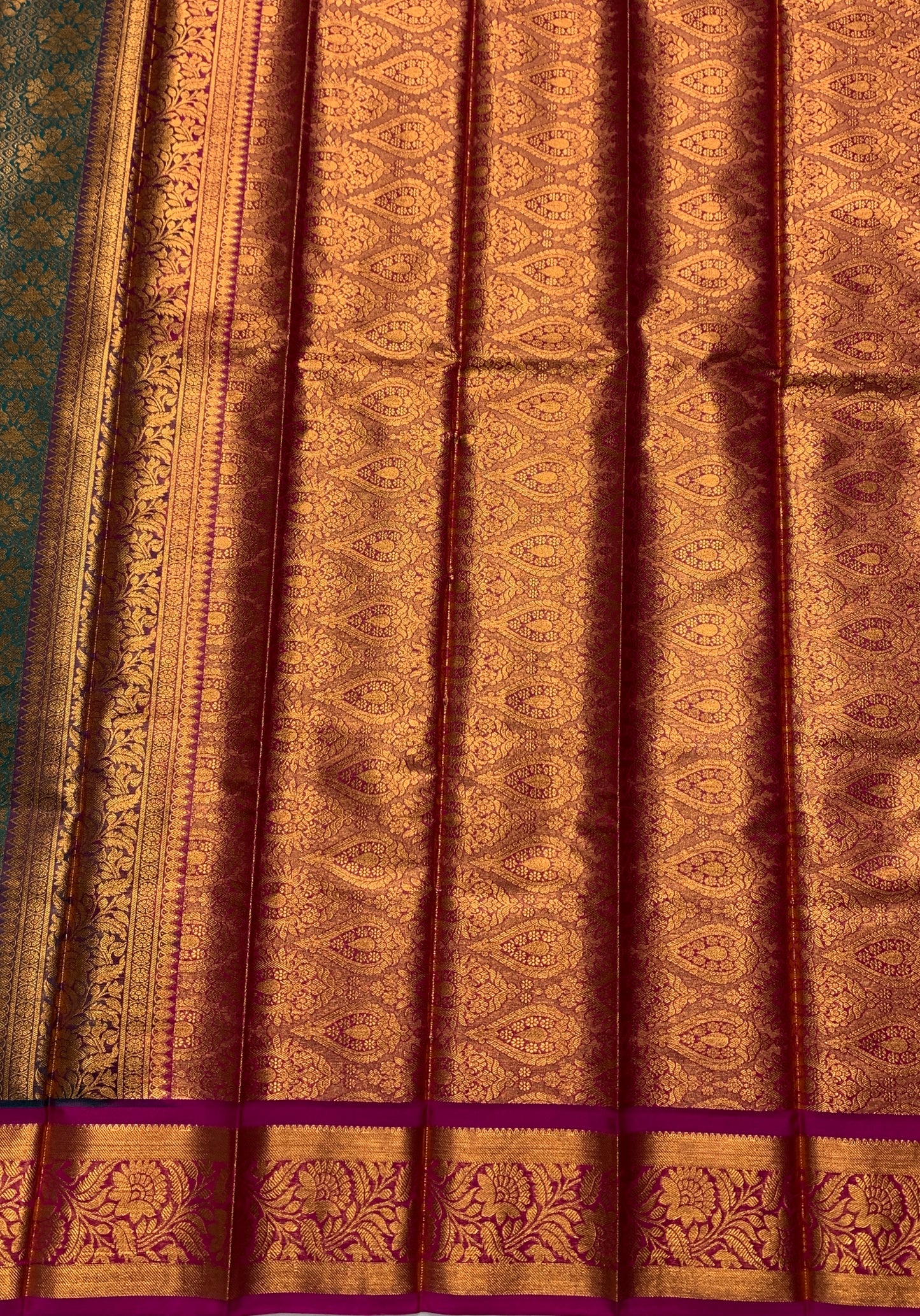 Vegan Silk Saree Rama Green Colour with Copper and Magenta Border