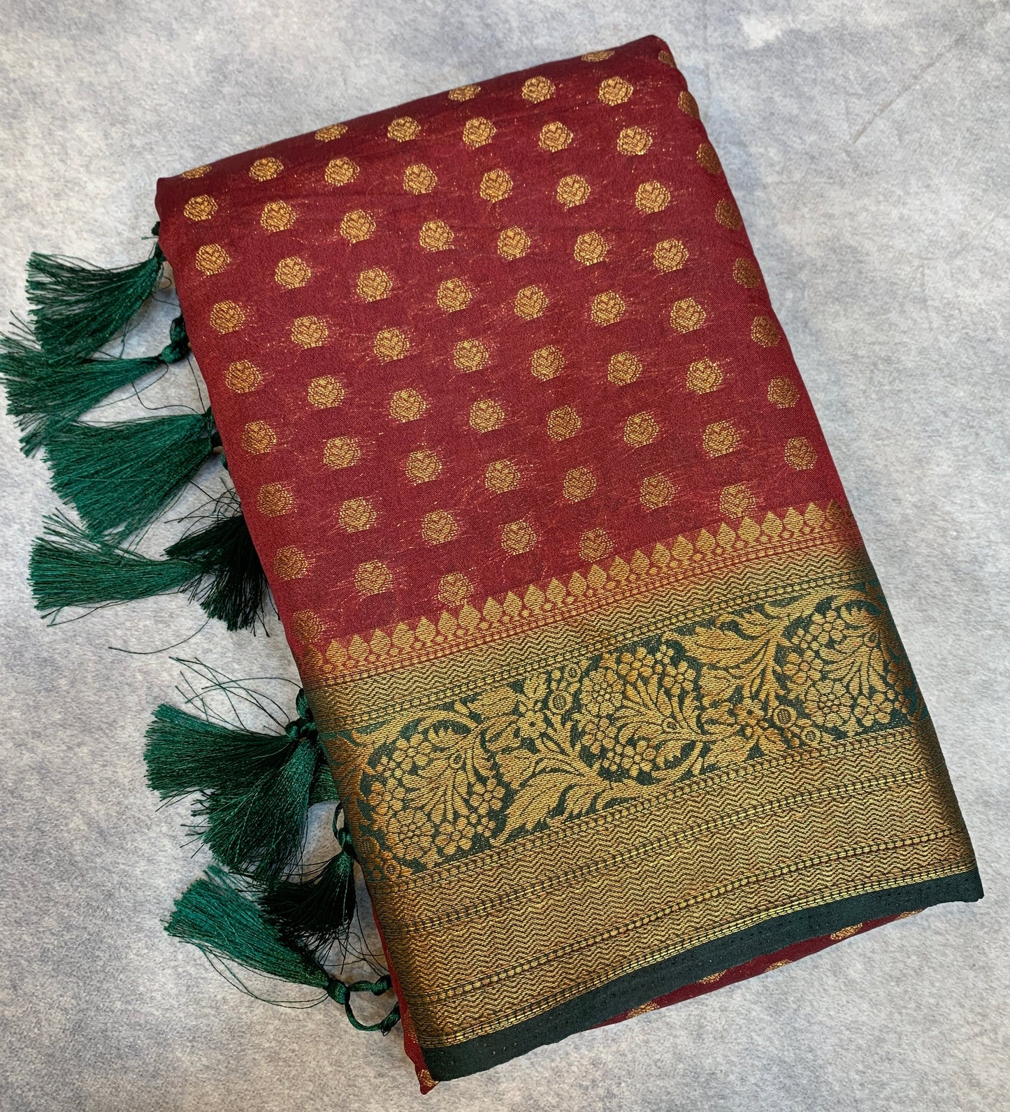 Crepe Saree Maroon Colour with Green Border
