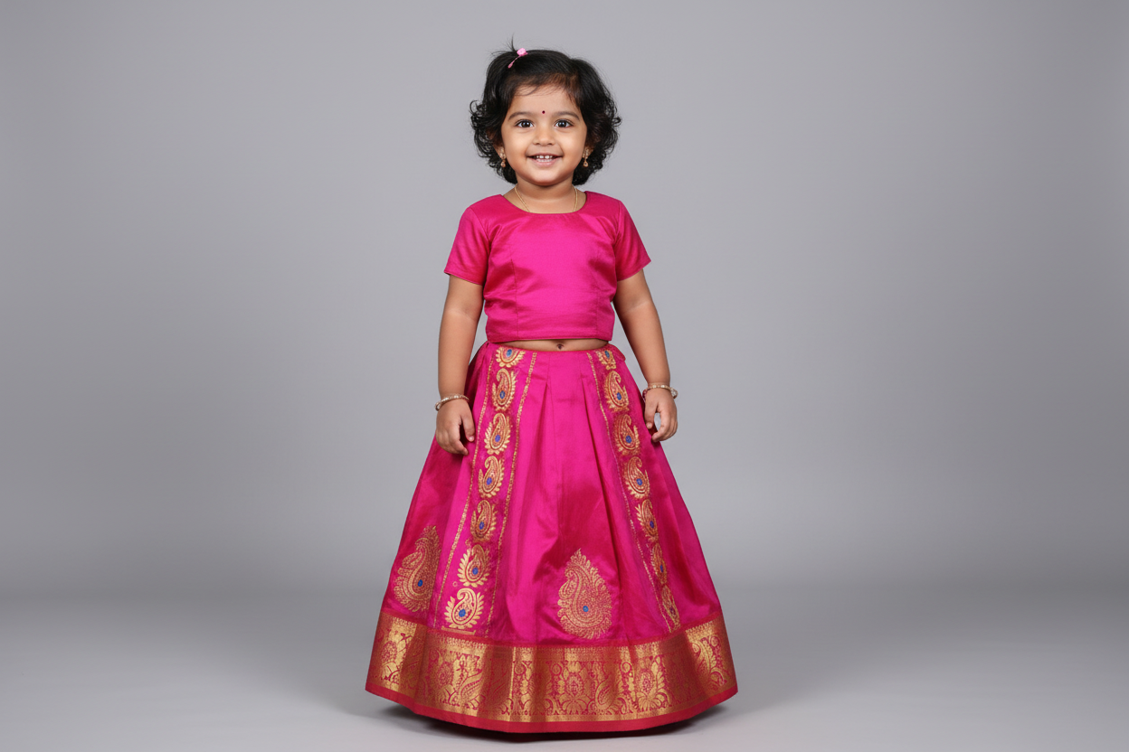 Pink Shade Semi silk Kids Pattu Pavadai with Contrast border for age 5 to 10