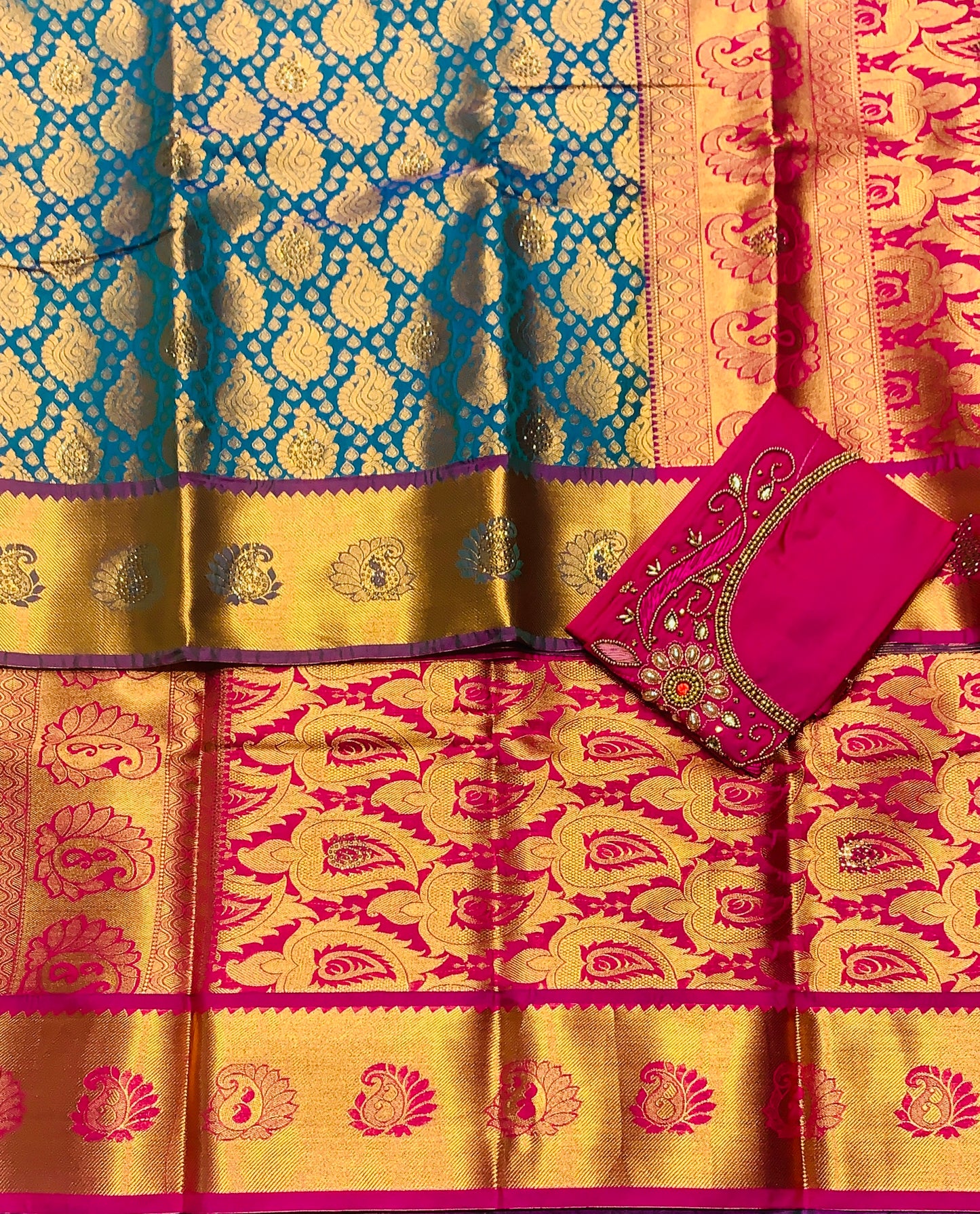 Bridal Vegan Silk Saree Peacock Green shade with Pink Border with Unstitched blouse in Aari work