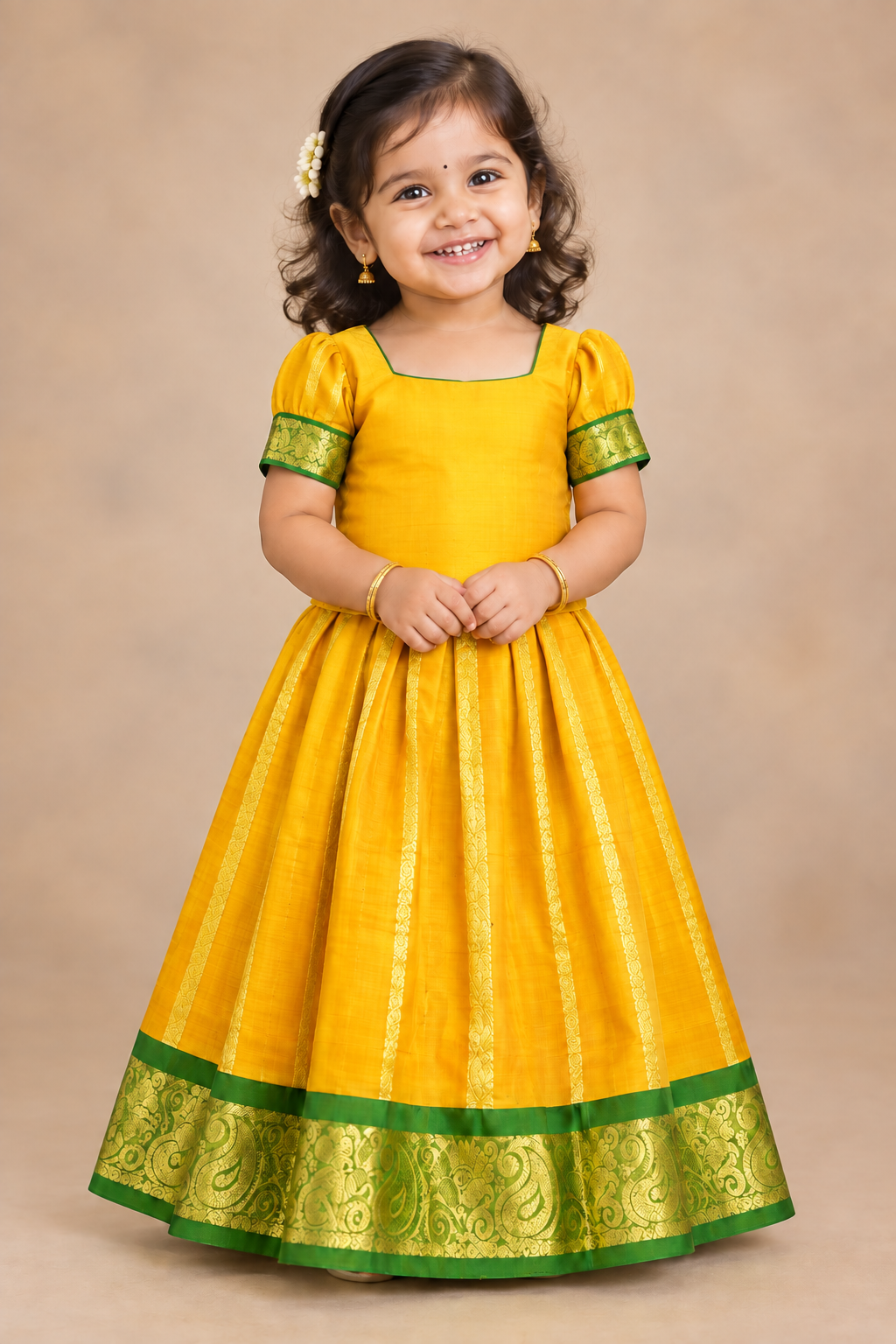 Mango Yellow Shade Pure Kanchipuram Kids Pattu Pavadai with Contrast Border for Newborn to 2 Years