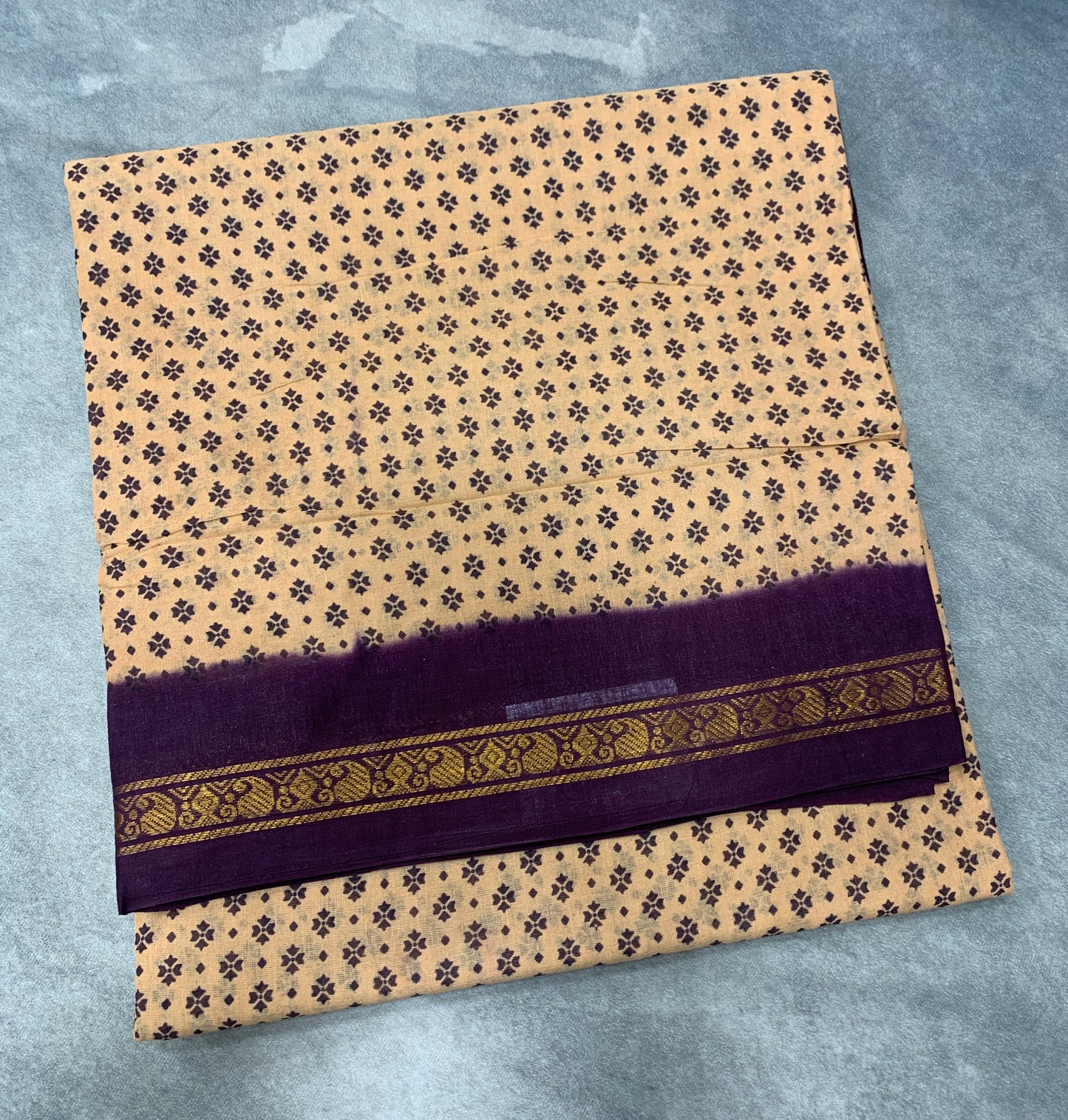 9 yards Cotton Saree Sandal Colour with Dark Purple Border