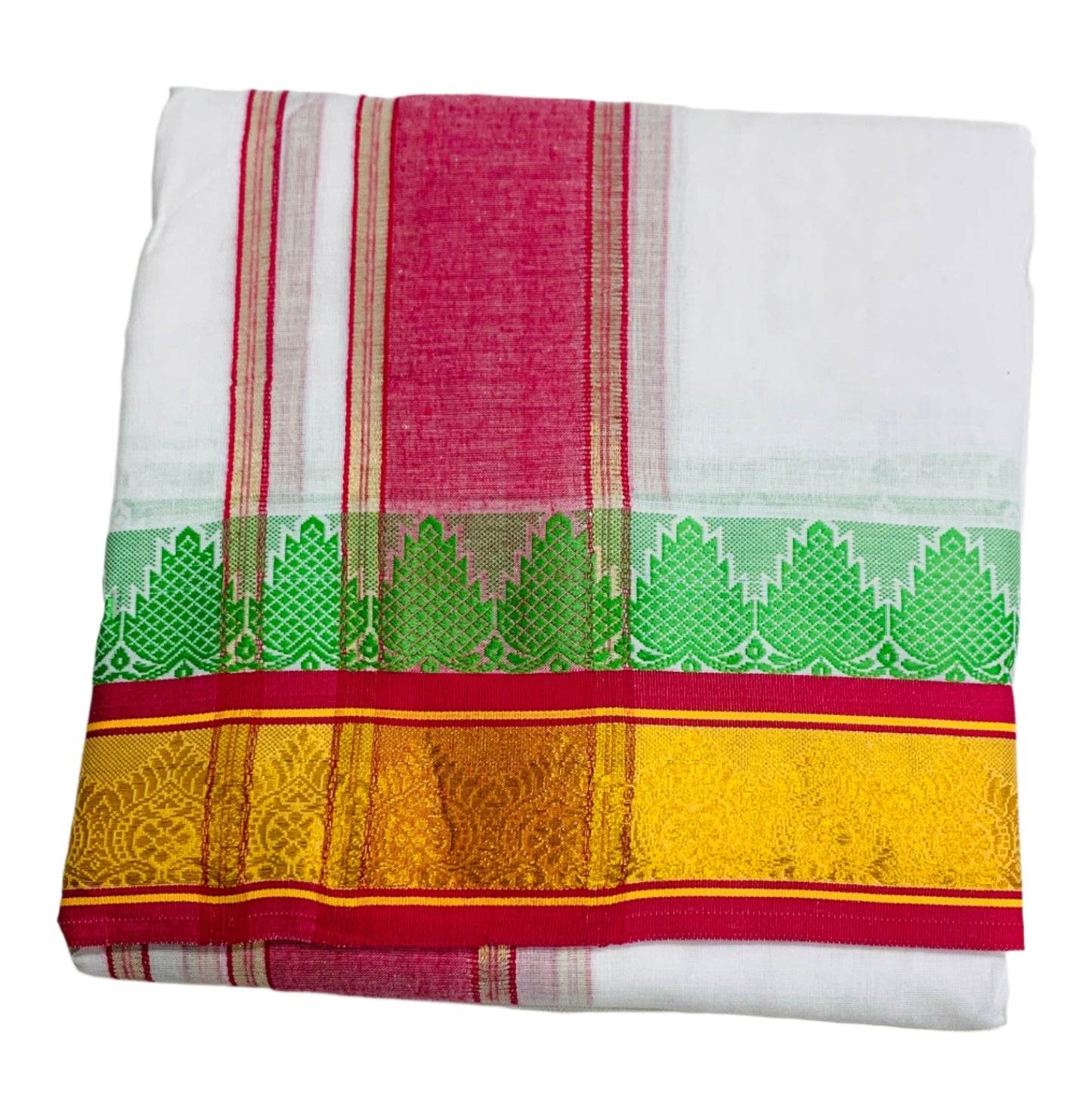 9X5 Cotton Dhoti White Pink and Yellow Border with Angavastram