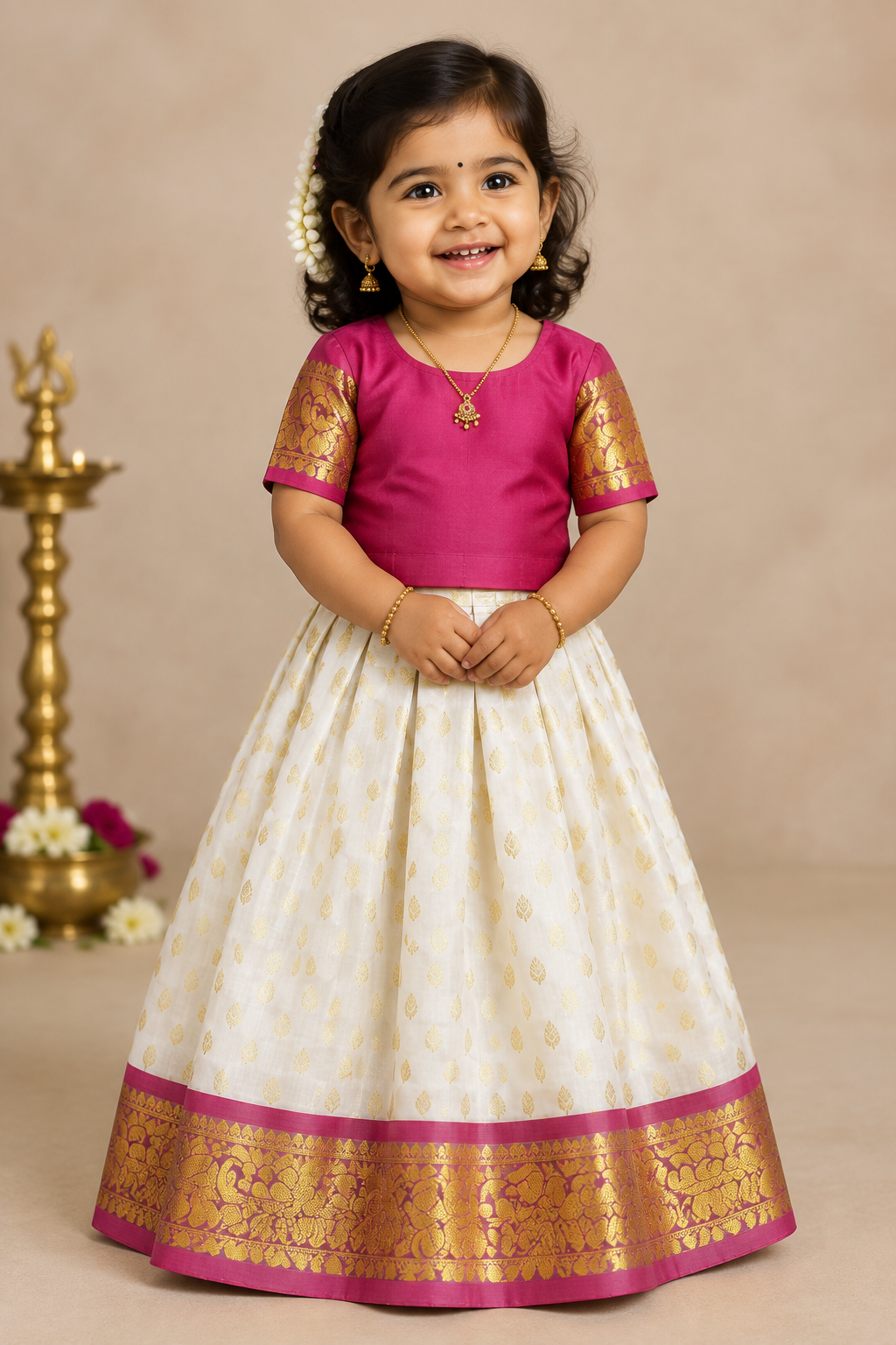 Ivory Shade Pure Kanchipuram Kids Pattu Pavadai with Contrast Border for Newborn to 2 Years