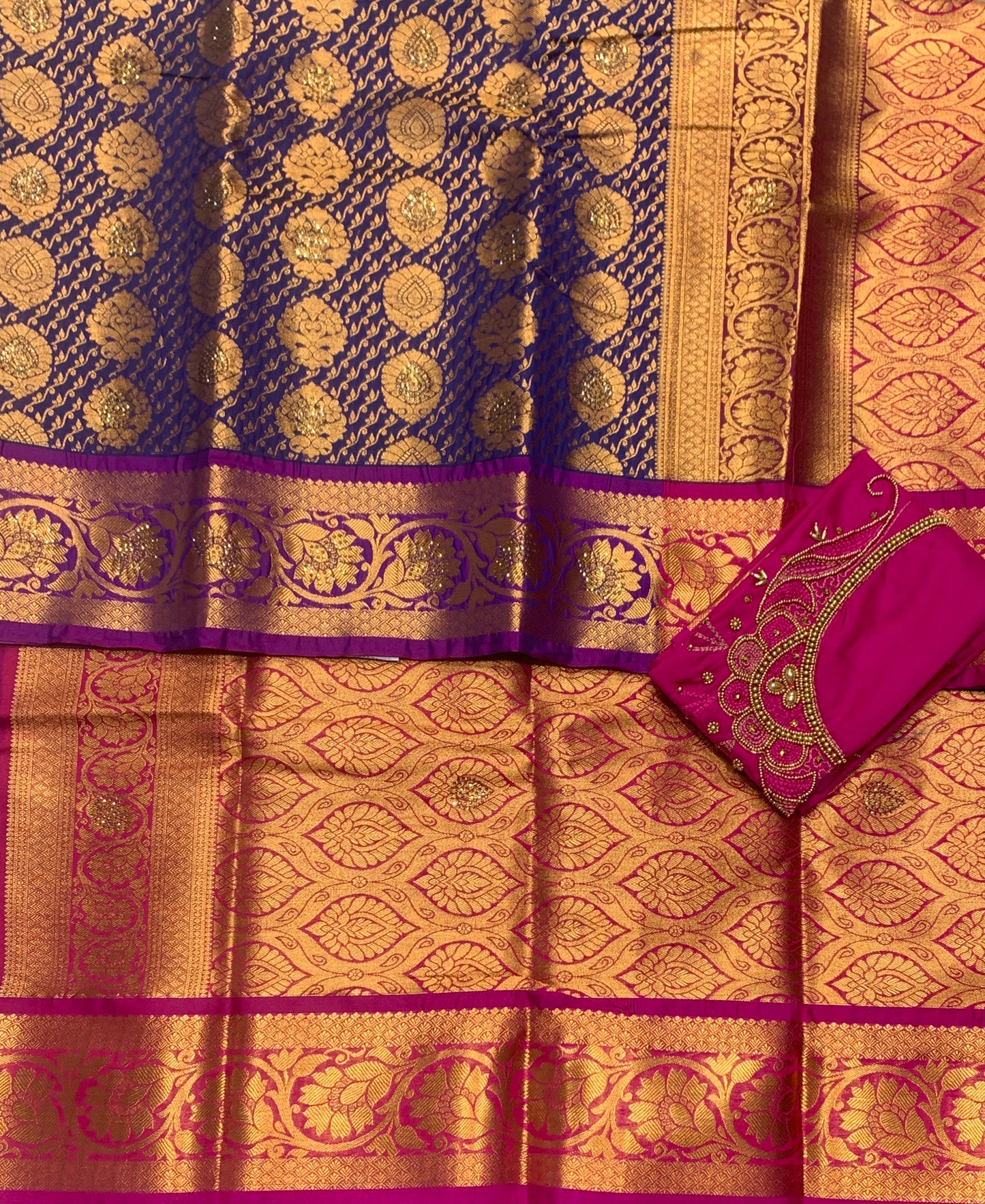 Bridal Vegan Silk Saree Violet shade with Purple Border with Unstitched blouse in Aari Work