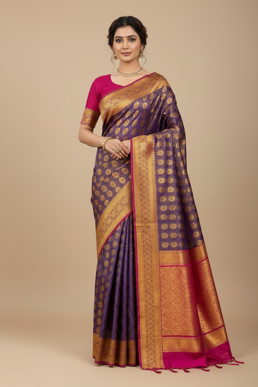 Bridal Vegan Silk Saree Violet shade with Purple Border with Unstitched blouse in Aari Work