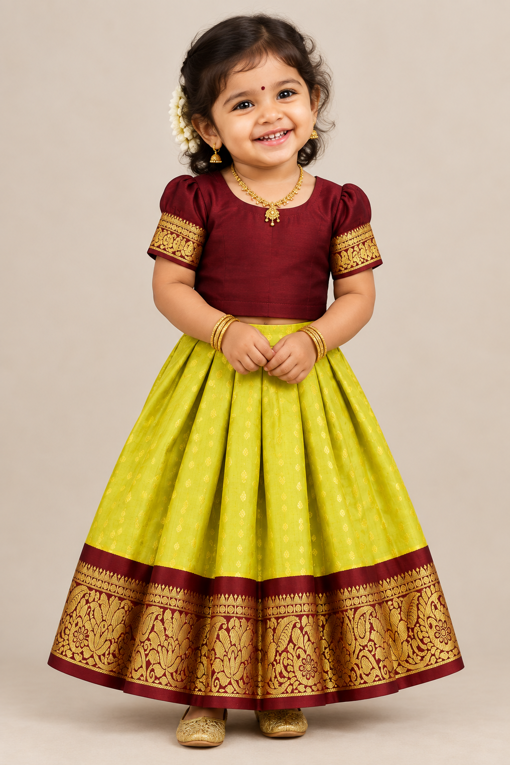 Lime Yellow Shade Pure Kanchipuram Kids Pattu Pavadai with Contrast Border for Newborn to 2 Years