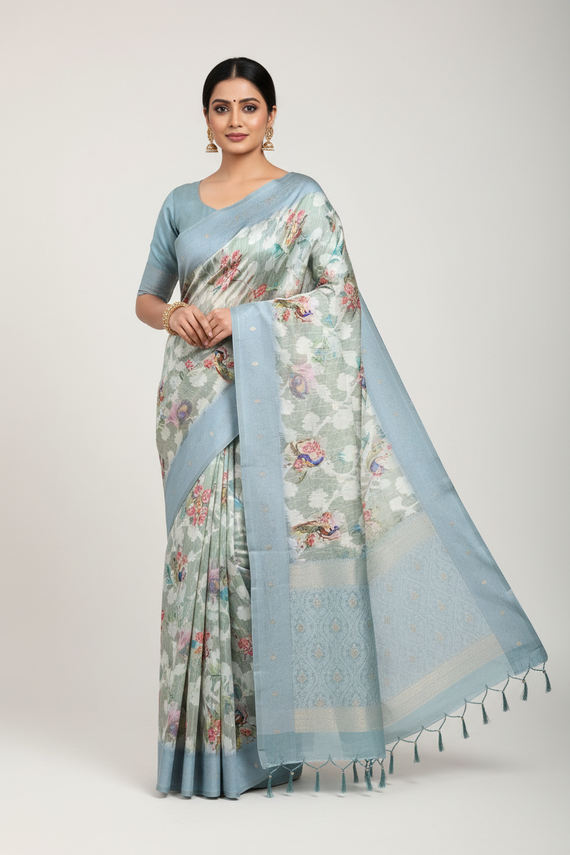 Digital Print Cotton Saree Gray Blue Colour with Floral and Birds Pattern