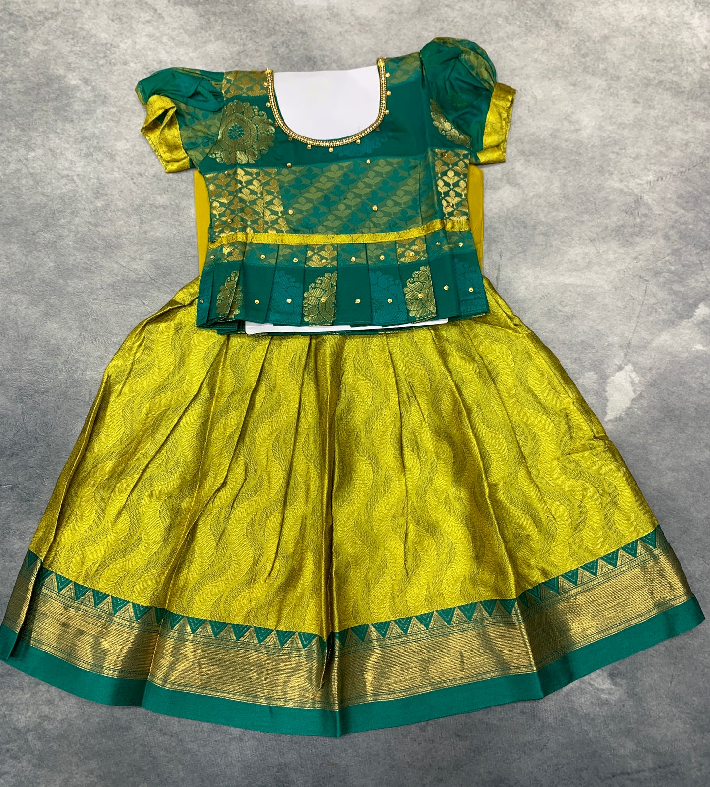 Ready To Wear Lime Green Colour Pavadai with Contrast Green Blouse - 6 months Baby