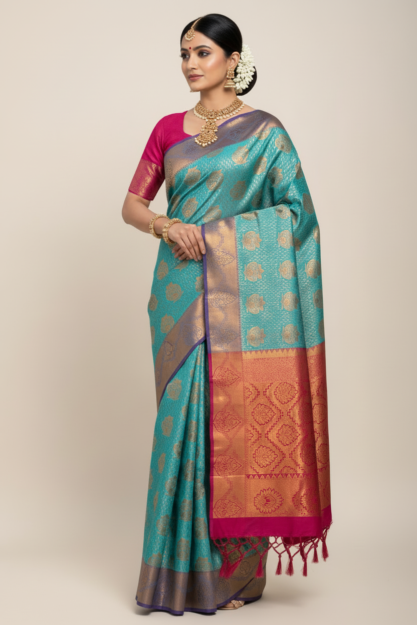 Vegan Silk Saree Sapphire Colour with Copper and Magenta