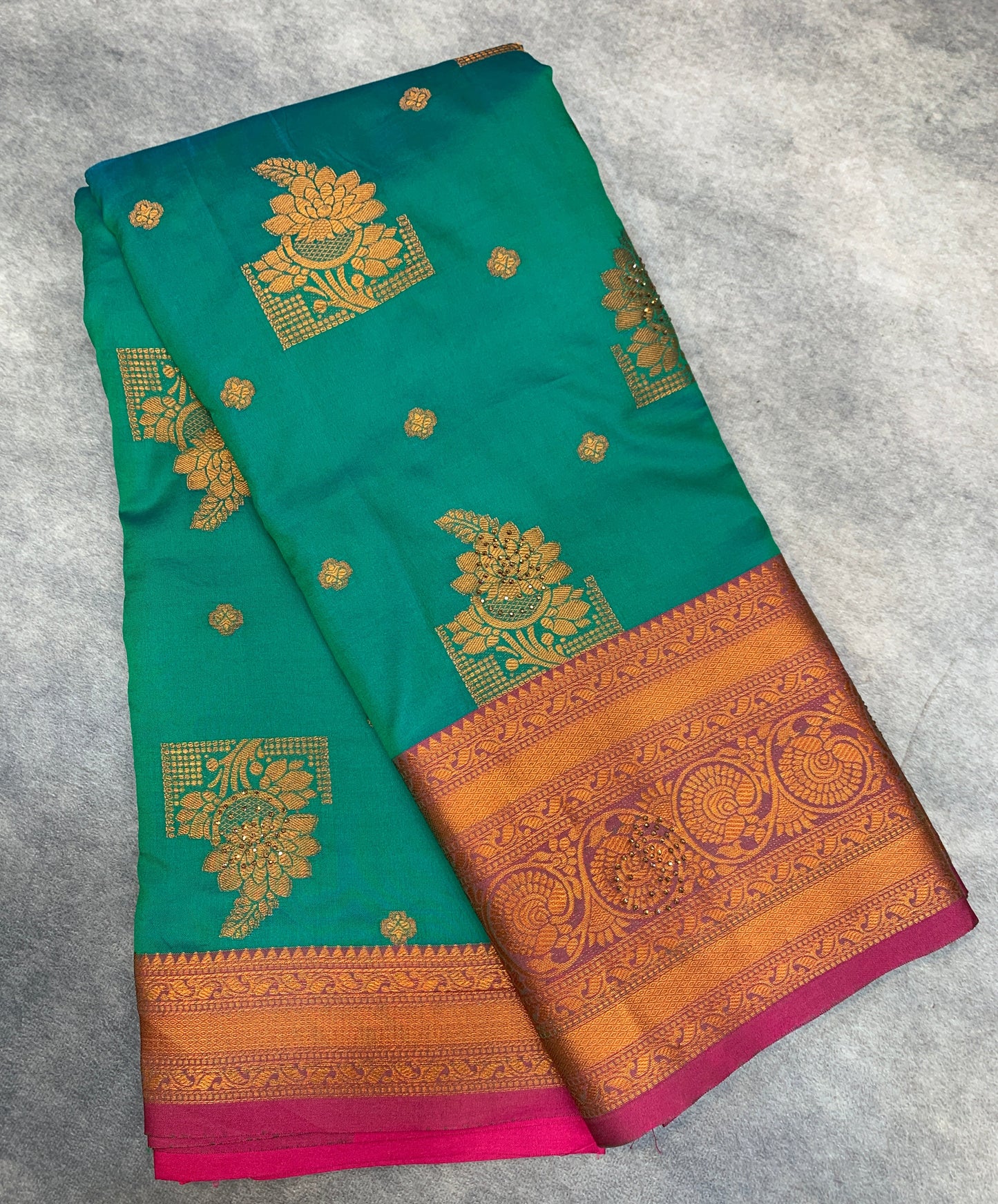Soft Silk Casual Saree Rama Green Colour with Pink and Golden Colour Border