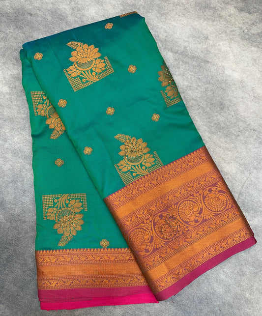 Soft Silk Casual Saree Rama Green Colour with Pink and Golden Colour Border