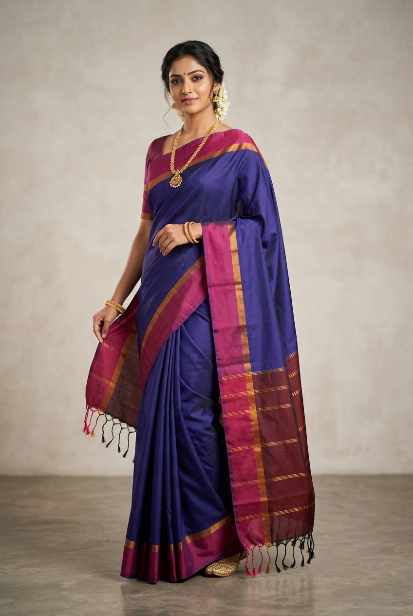 Art Silk Saree Violet Colour with Magenta and Copper Border