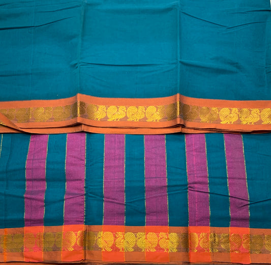 Chettinad Cotton Saree Rama Blue Colour with Orange Border