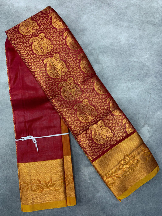 Vegan Silk Saree Maroon Colour with Copper and Golden Yellow Border