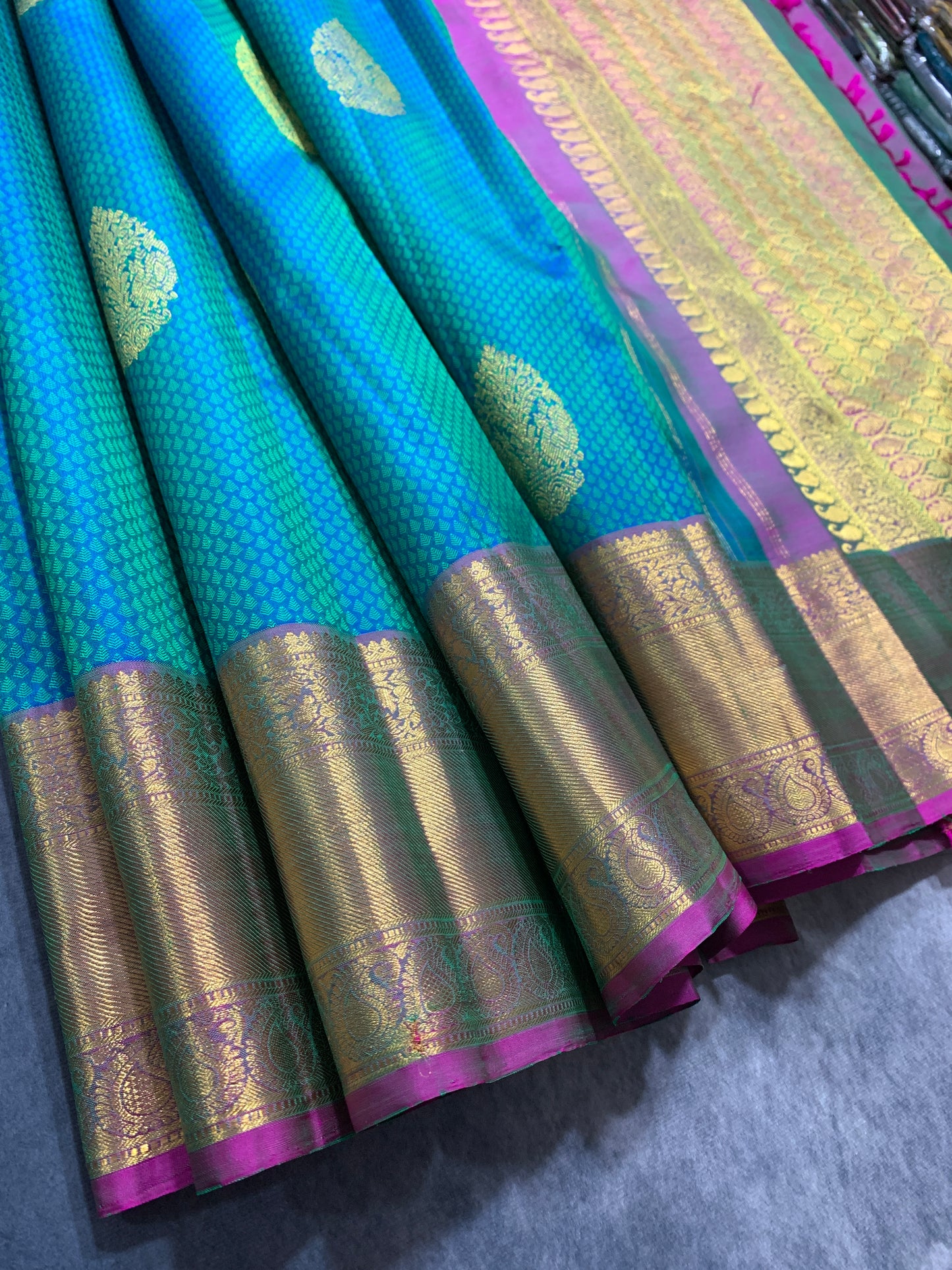 Pure Kanchipuram Silk Peacock Green Colour with Purple Border