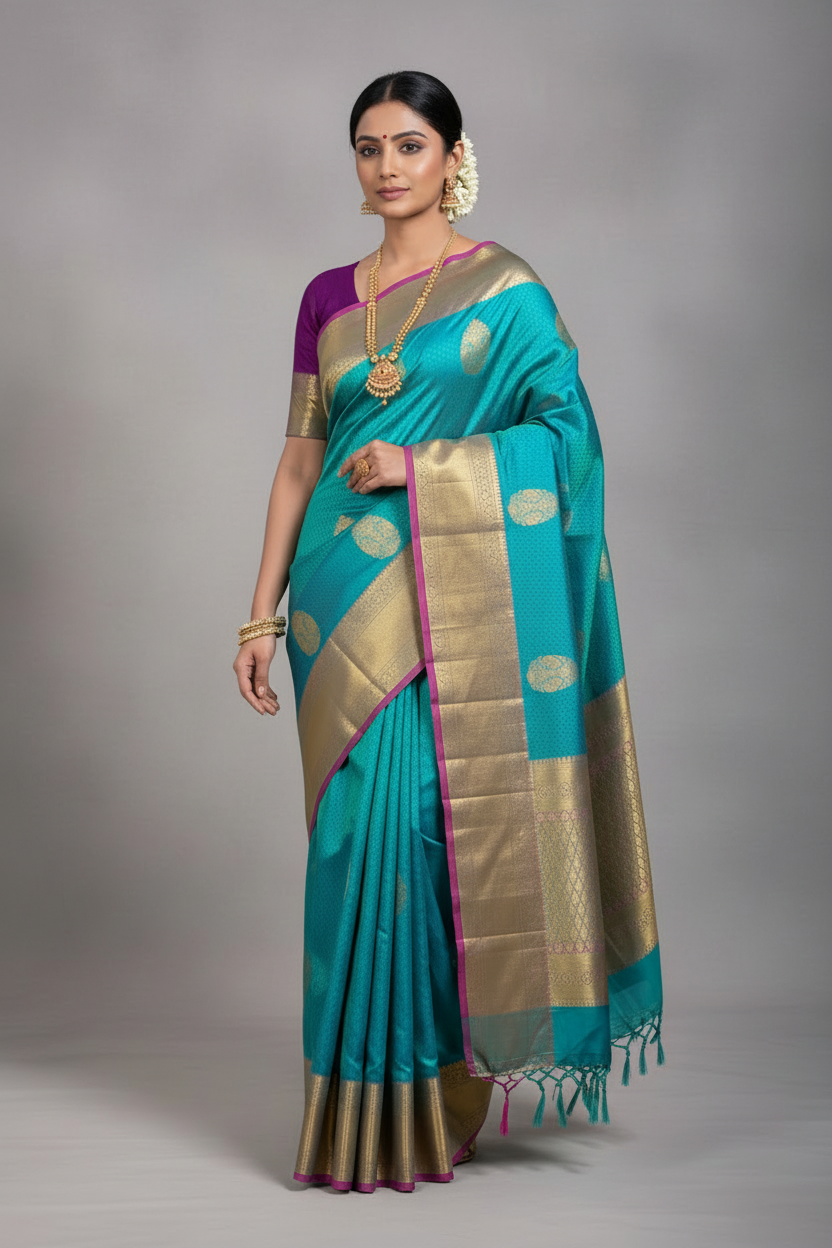 Pure Kanchipuram Silk Peacock Green Colour with Purple Border