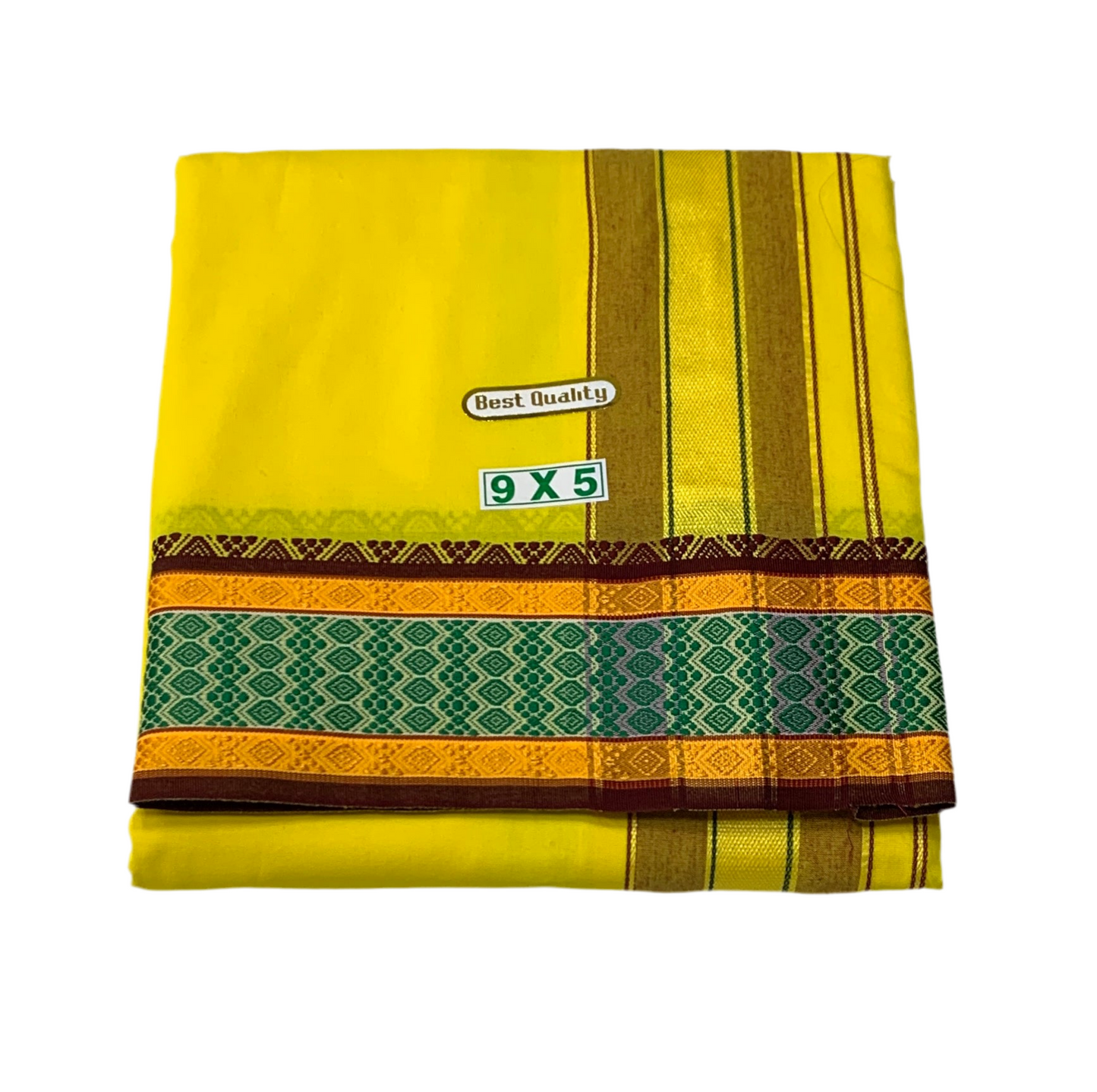 9X5 Cotton Dhoti Yellow Green and Maroon Border with Angavastram