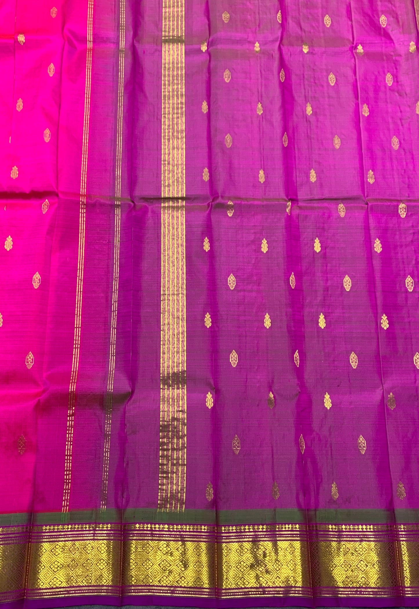 Pure Kanchipuram Silk Saree Pink Colour with Purple and Gold Zari Border