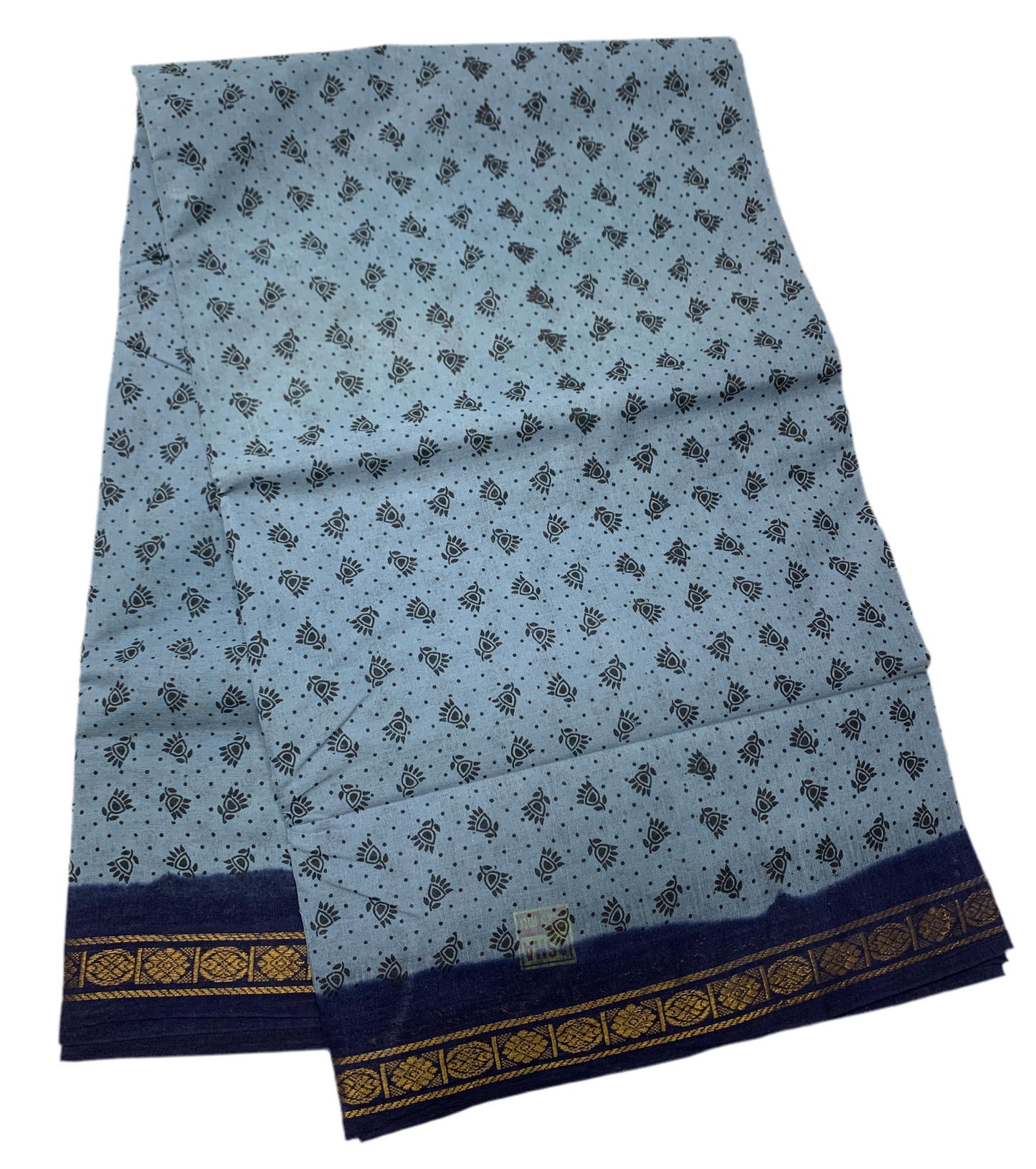9 yards Cotton Saree Gray Colour with Navy Blue Border