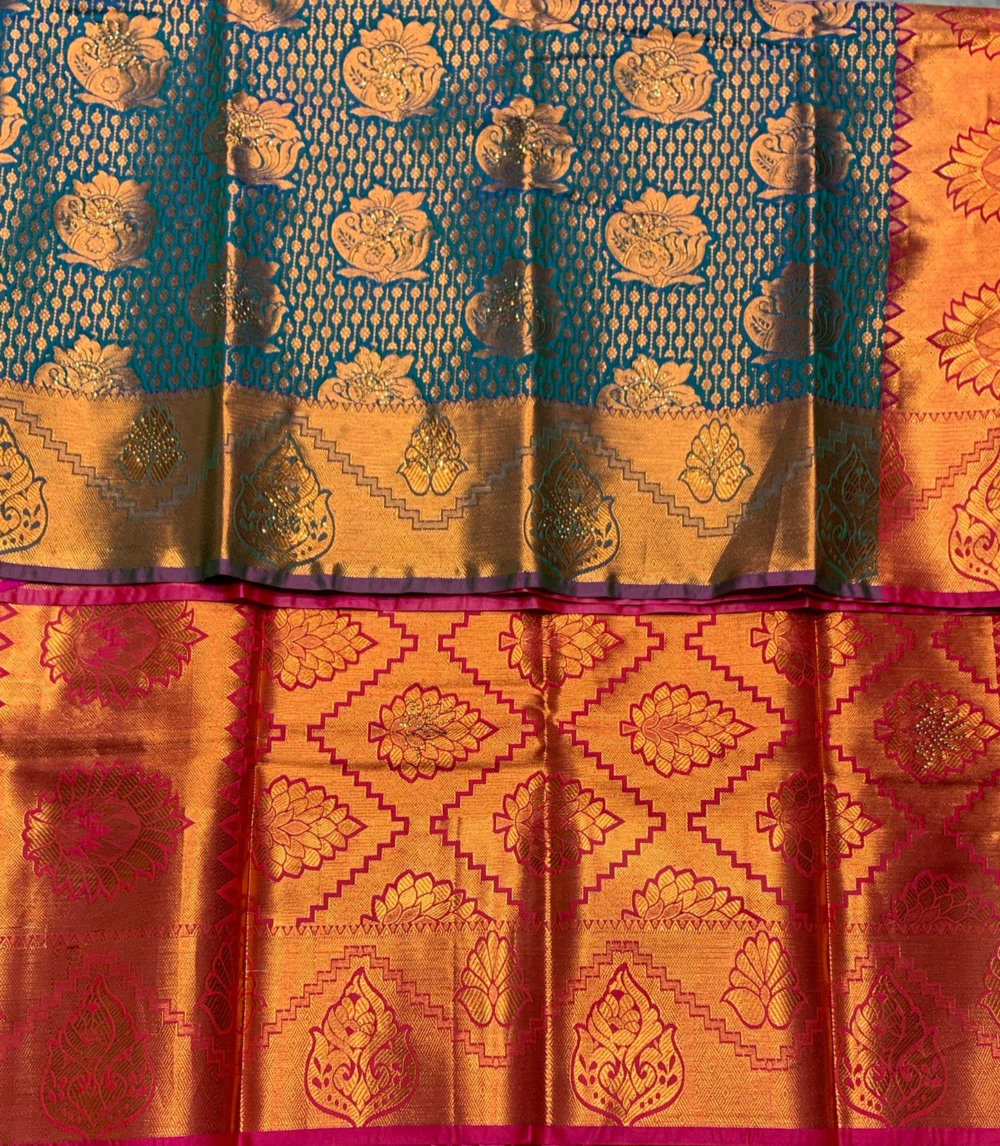 Vegan Silk Saree Rama Blue Colour with Copper and Magenta Border
