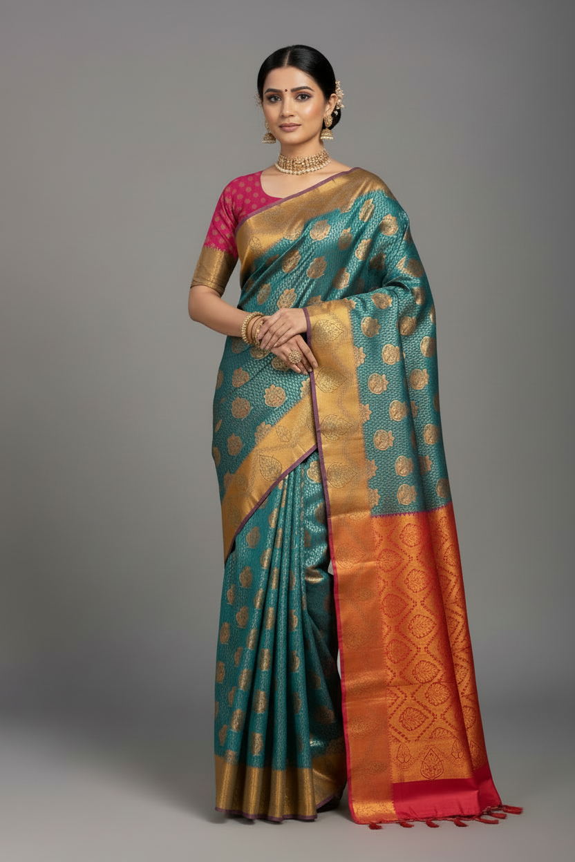 Vegan Silk Saree Rama Blue Colour with Copper and Magenta Border