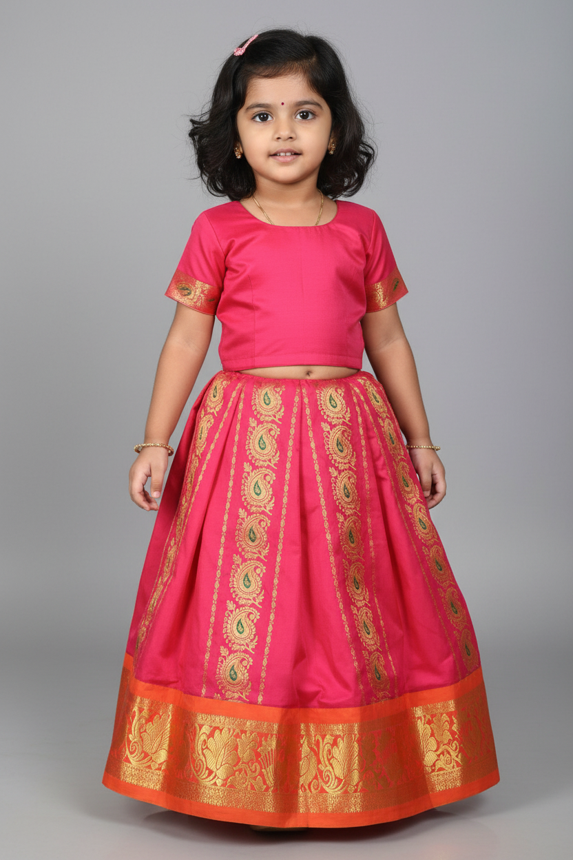 Tomato Pink shade Semi Silk Kids Pattu Pavadai with Contrast border for age above 10 years