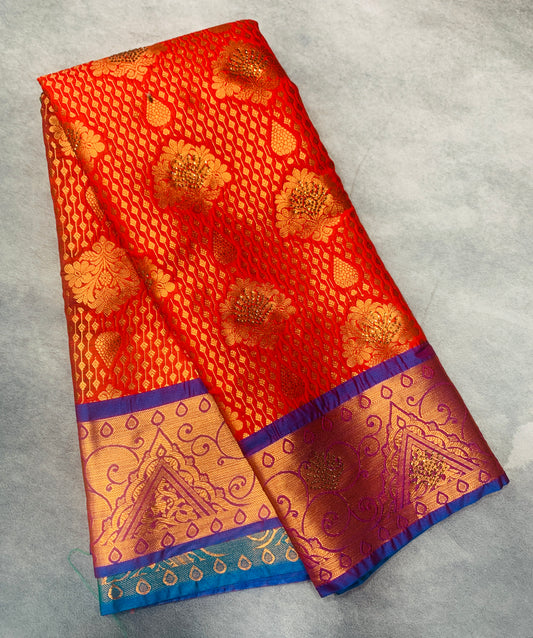 Vegan Silk Saree Red Colour with Copper and Blue Border