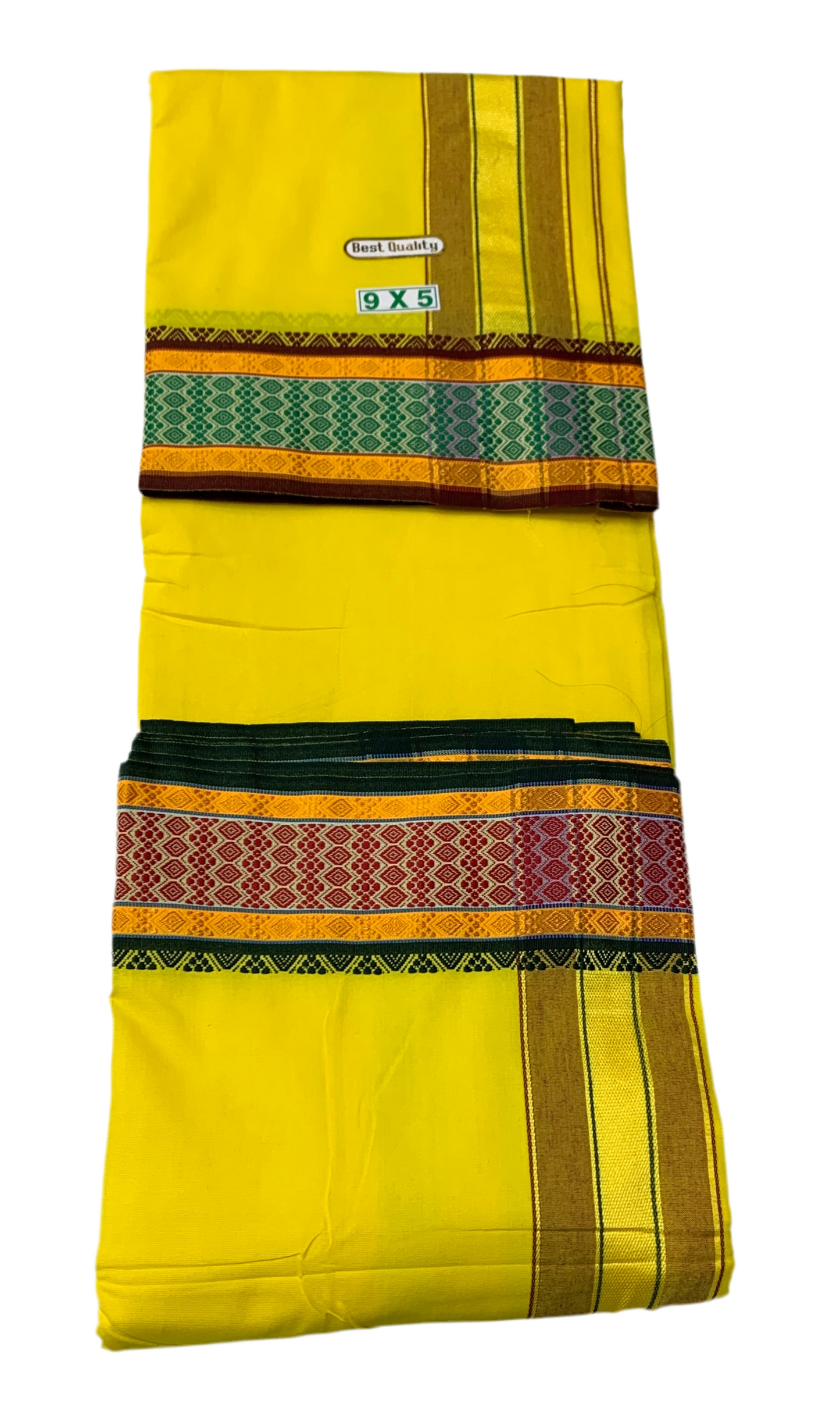 9X5 Cotton Dhoti Yellow Green and Maroon Border with Angavastram