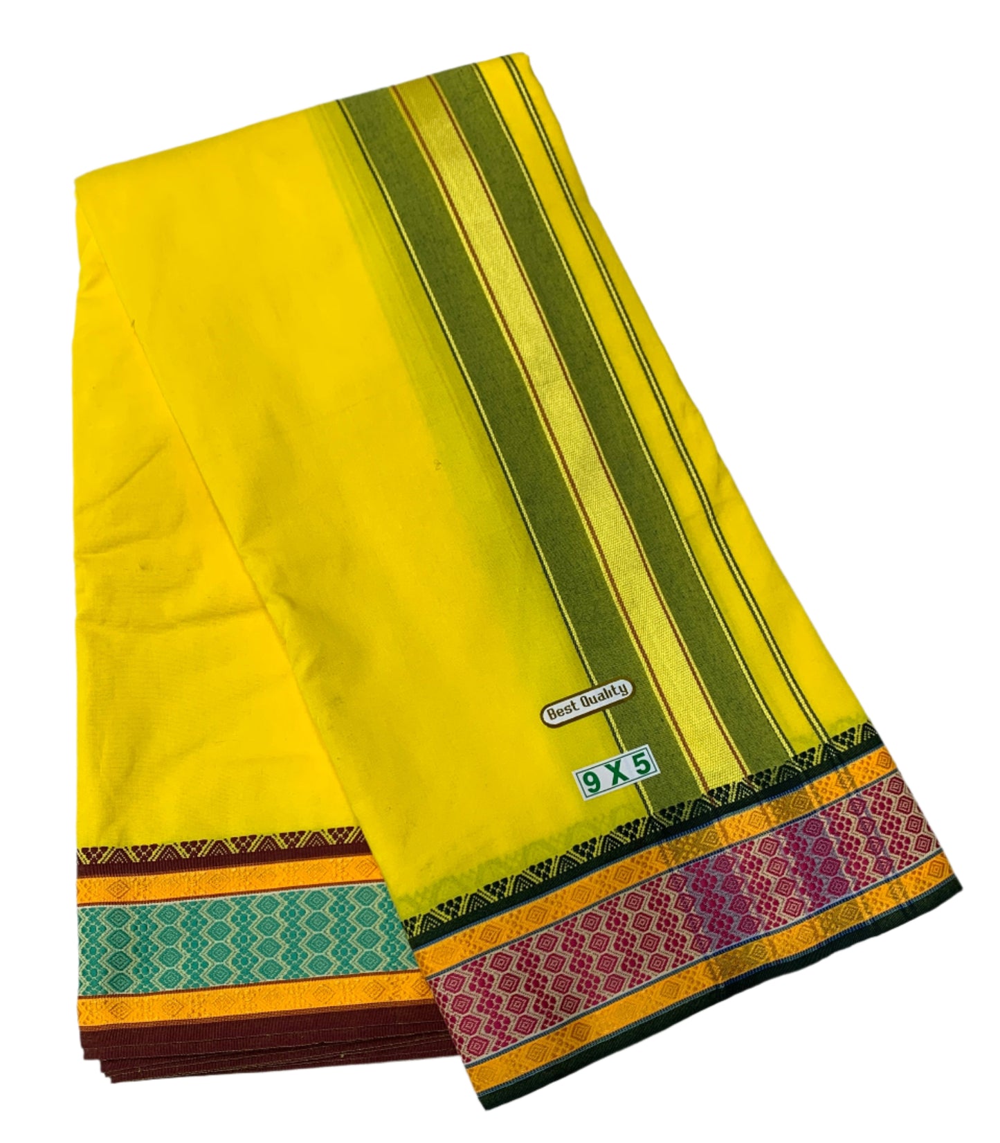 9X5 Cotton Dhoti Yellow Pink and Rama Green Border with Angavastram