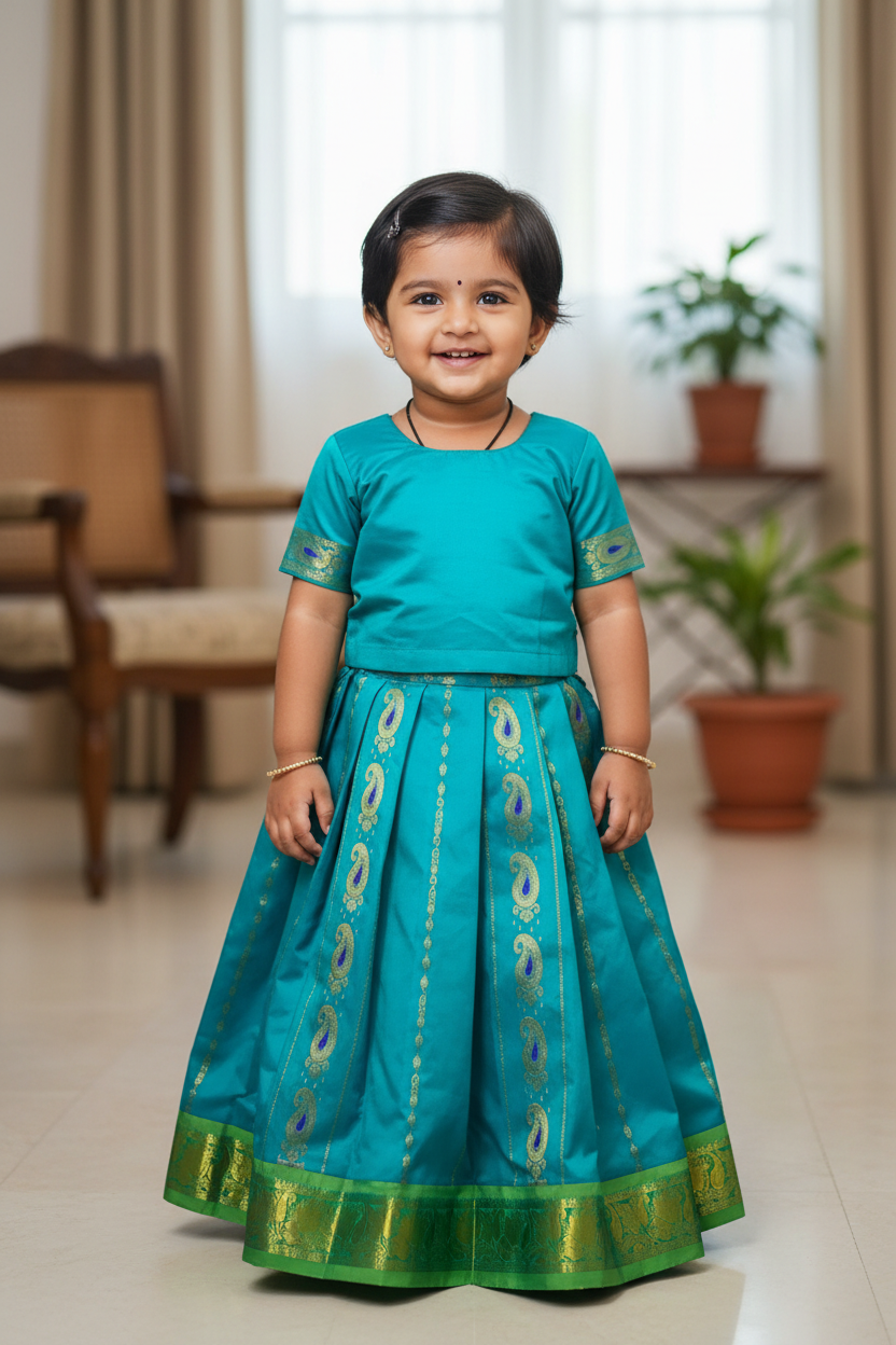 Rama Blue shade Semi silk Kids Pattu Pavadai with Contrast border for age 5 to 10