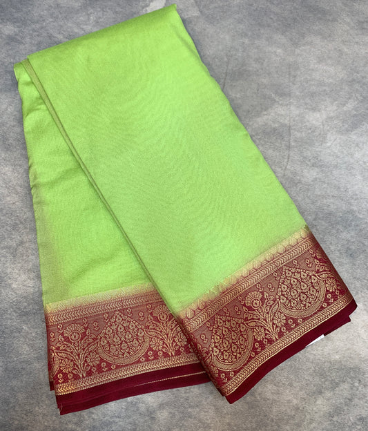 Crepe Saree Apple Green Colour with Maroon Border