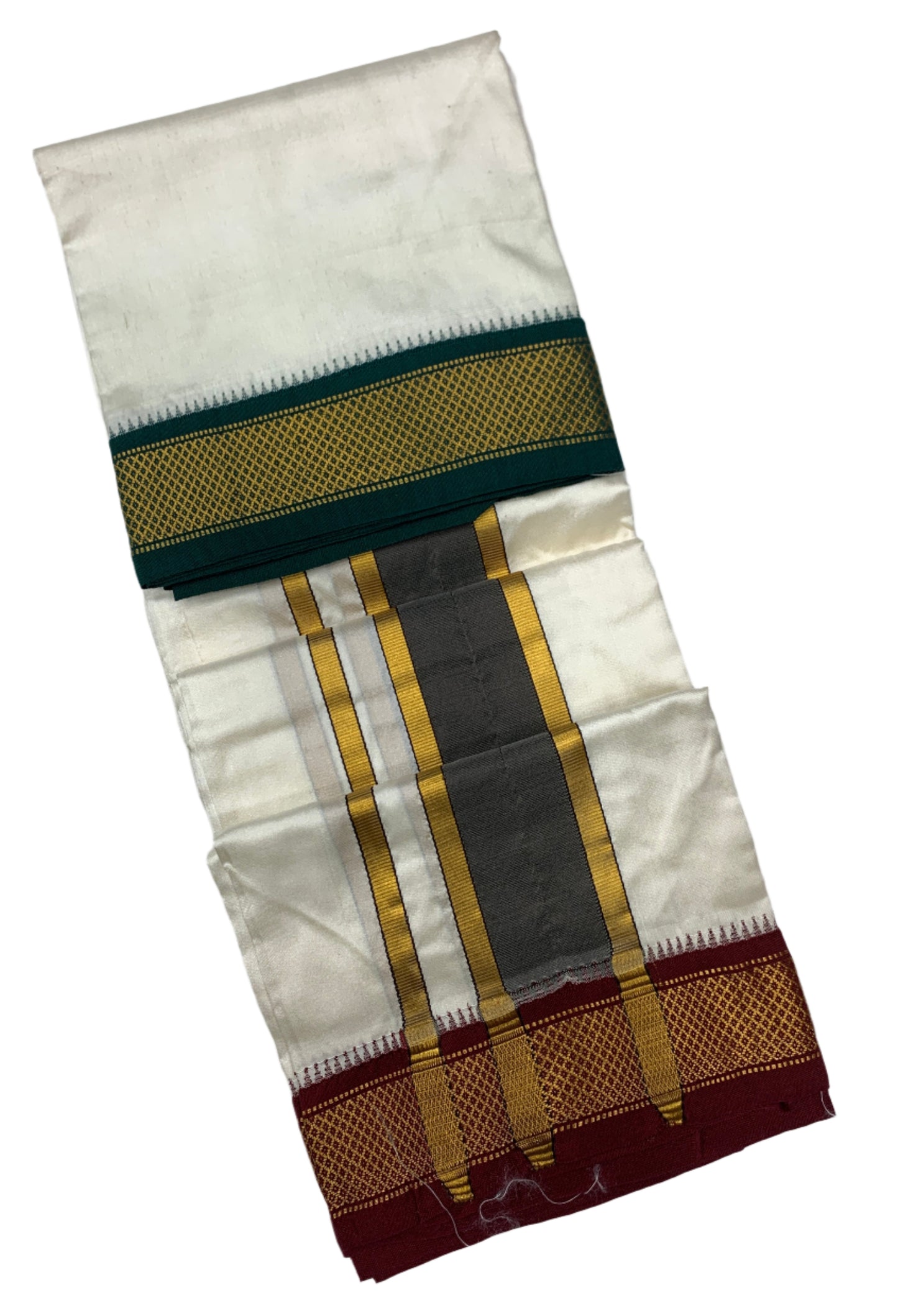 4 Mulam Pure Silk Dhoti Cream with Green and Maroon Zari Border