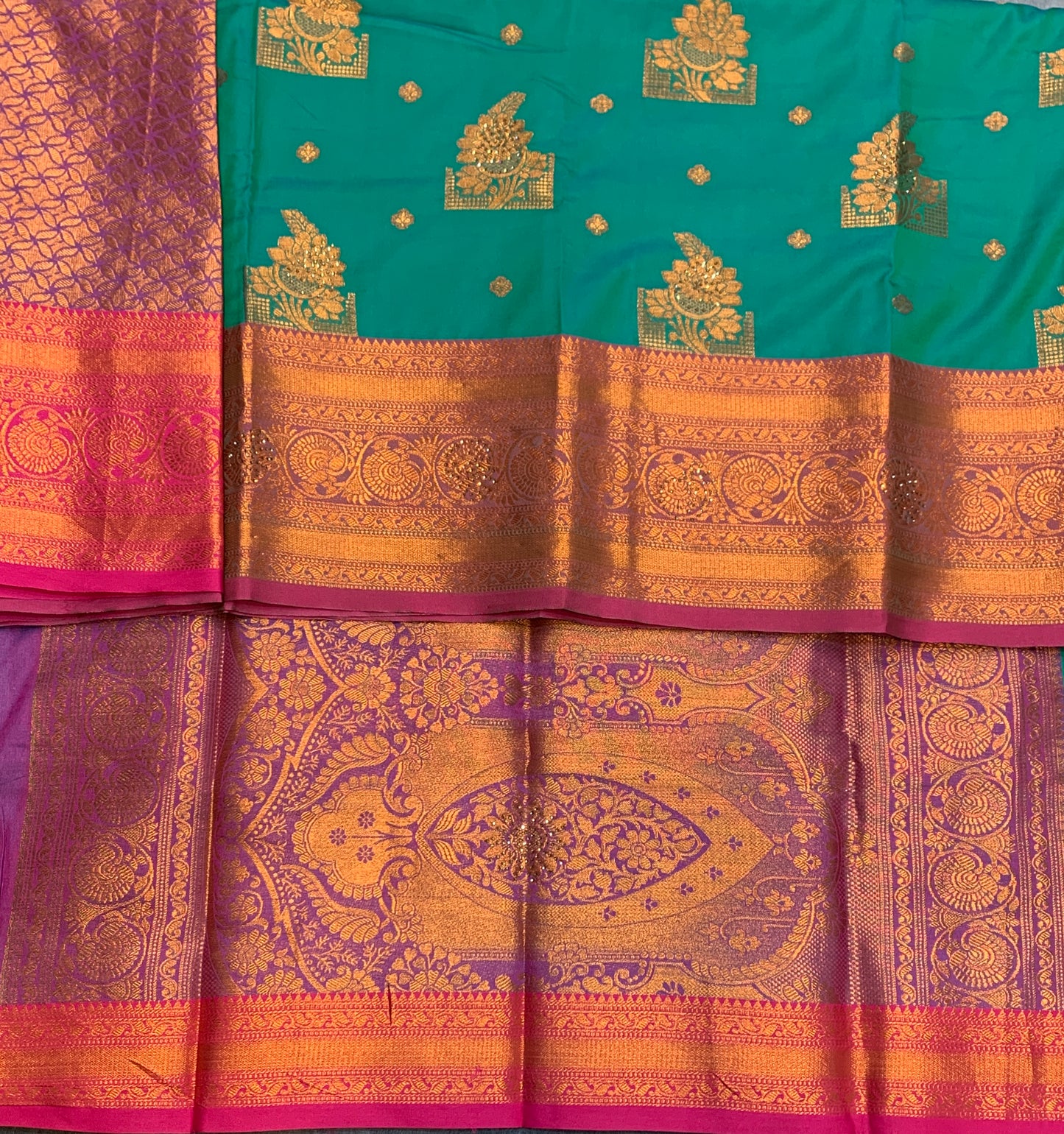 Soft Silk Casual Saree Rama Green Colour with Pink and Golden Colour Border