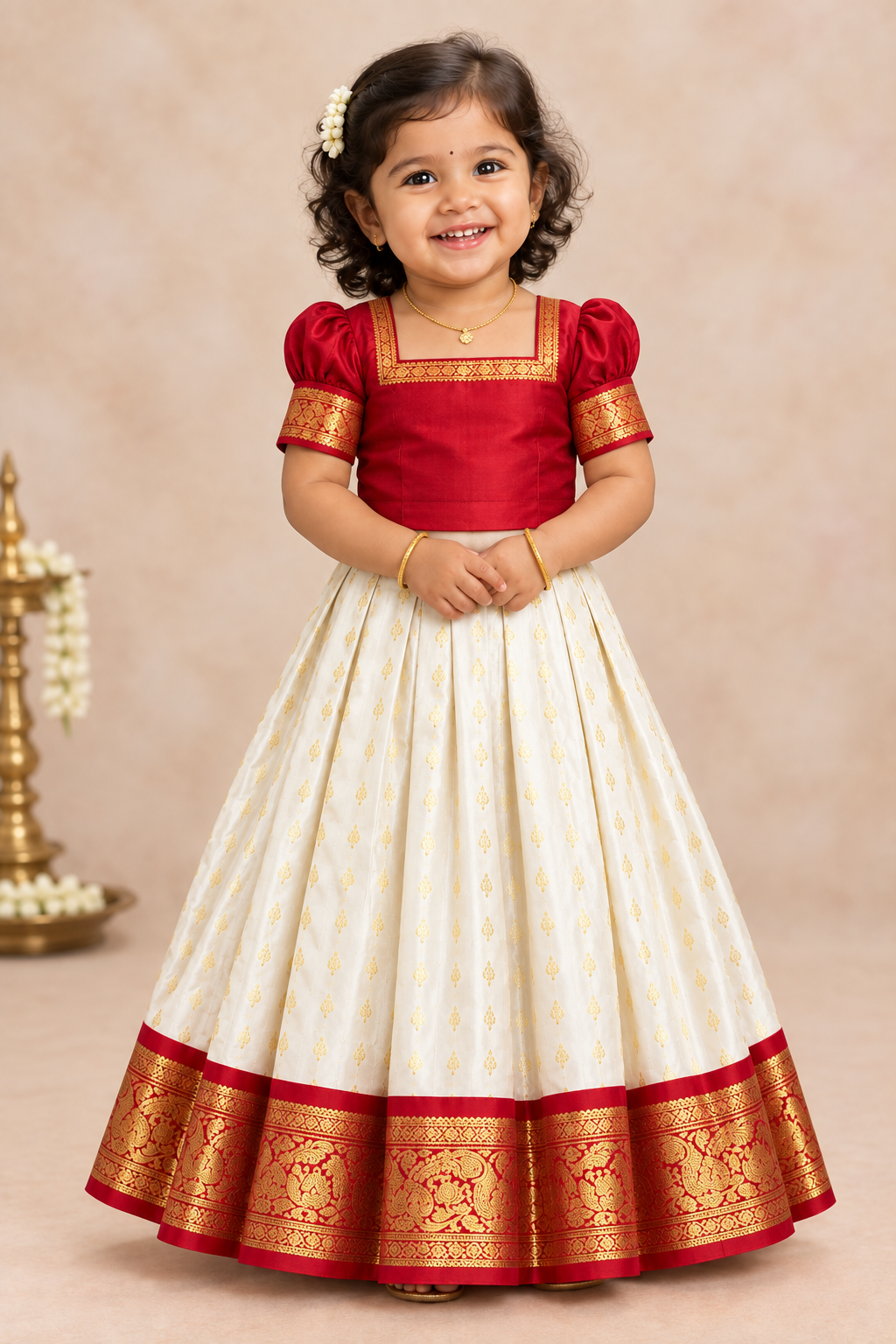 Ivory Shade Pure Kanchipuram Kids Pattu Pavadai with Contrast Border for Newborn to 2 Years