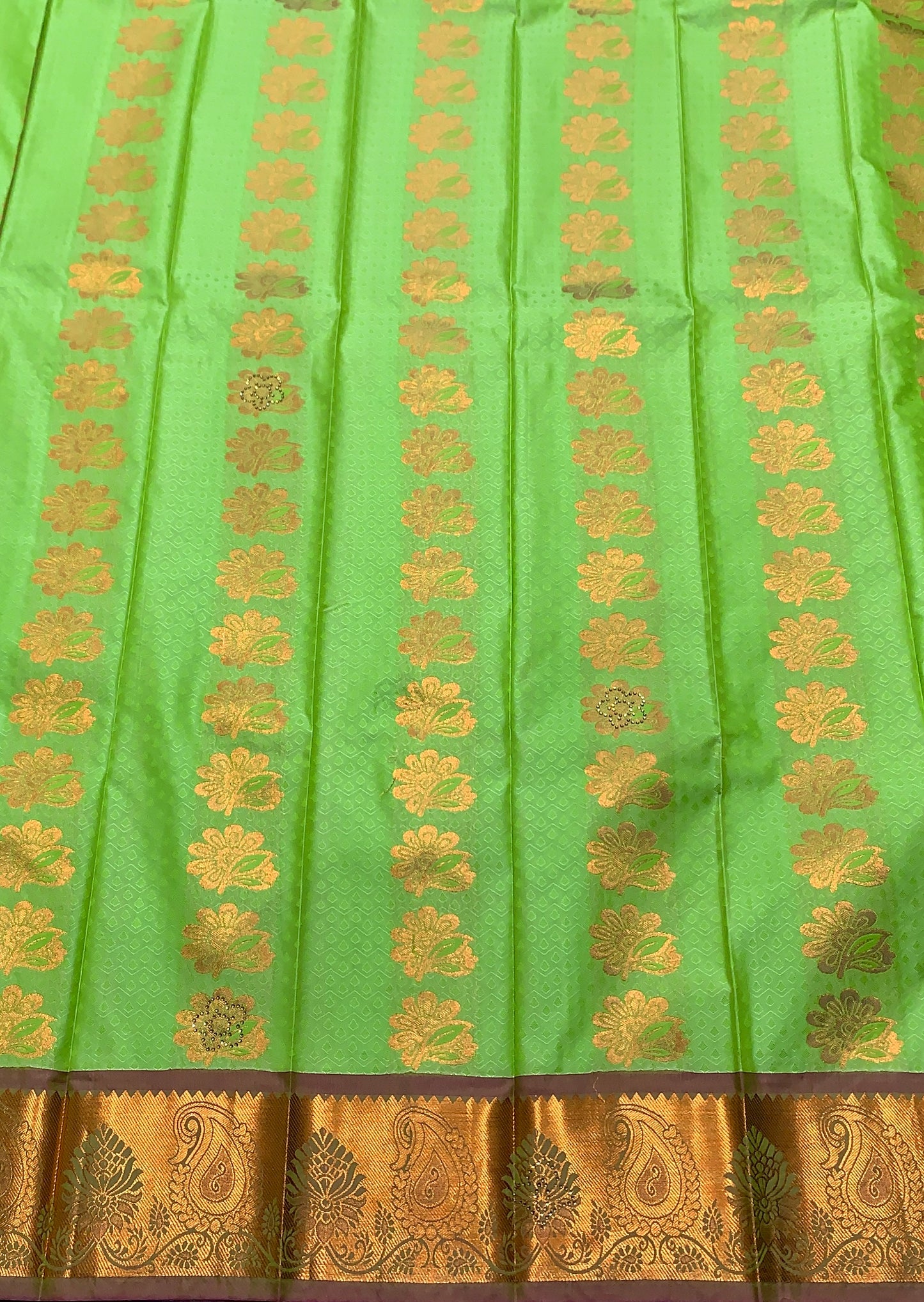 Vegan Silk Saree Light Green Colour with Copper and Brown Floral Design Border