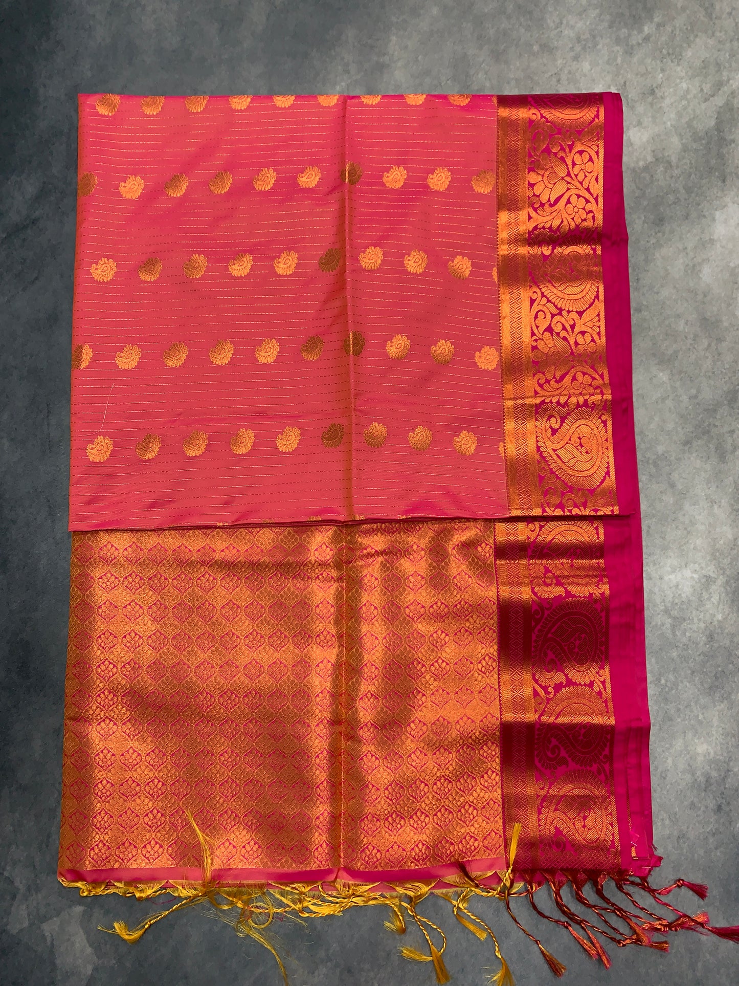 Soft Vegan Silk Saree Goldish Pink Colour with Pink and Copper Border