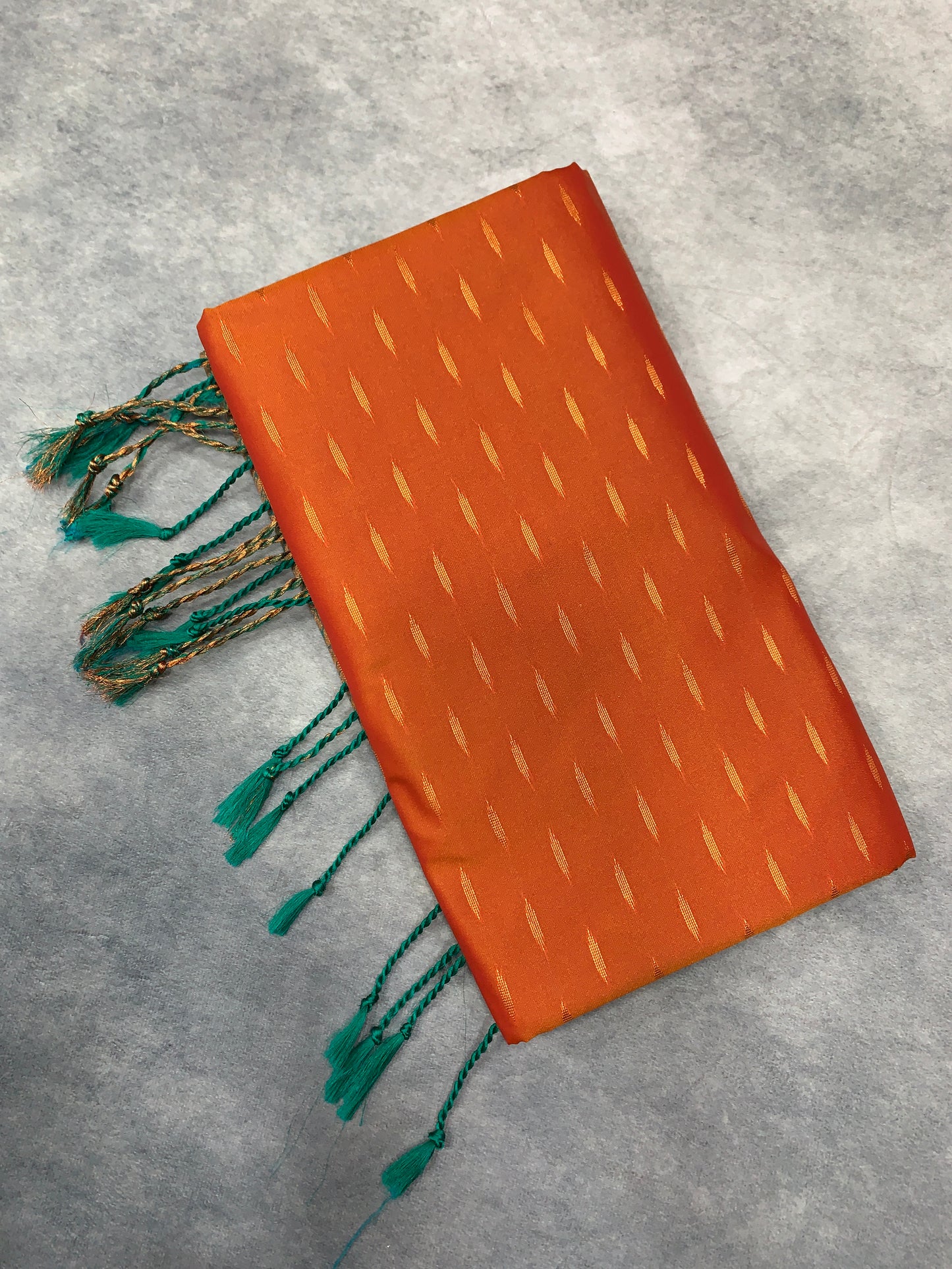 Soft Vegan Silk Saree Light Orange Colour with Green and Copper Border