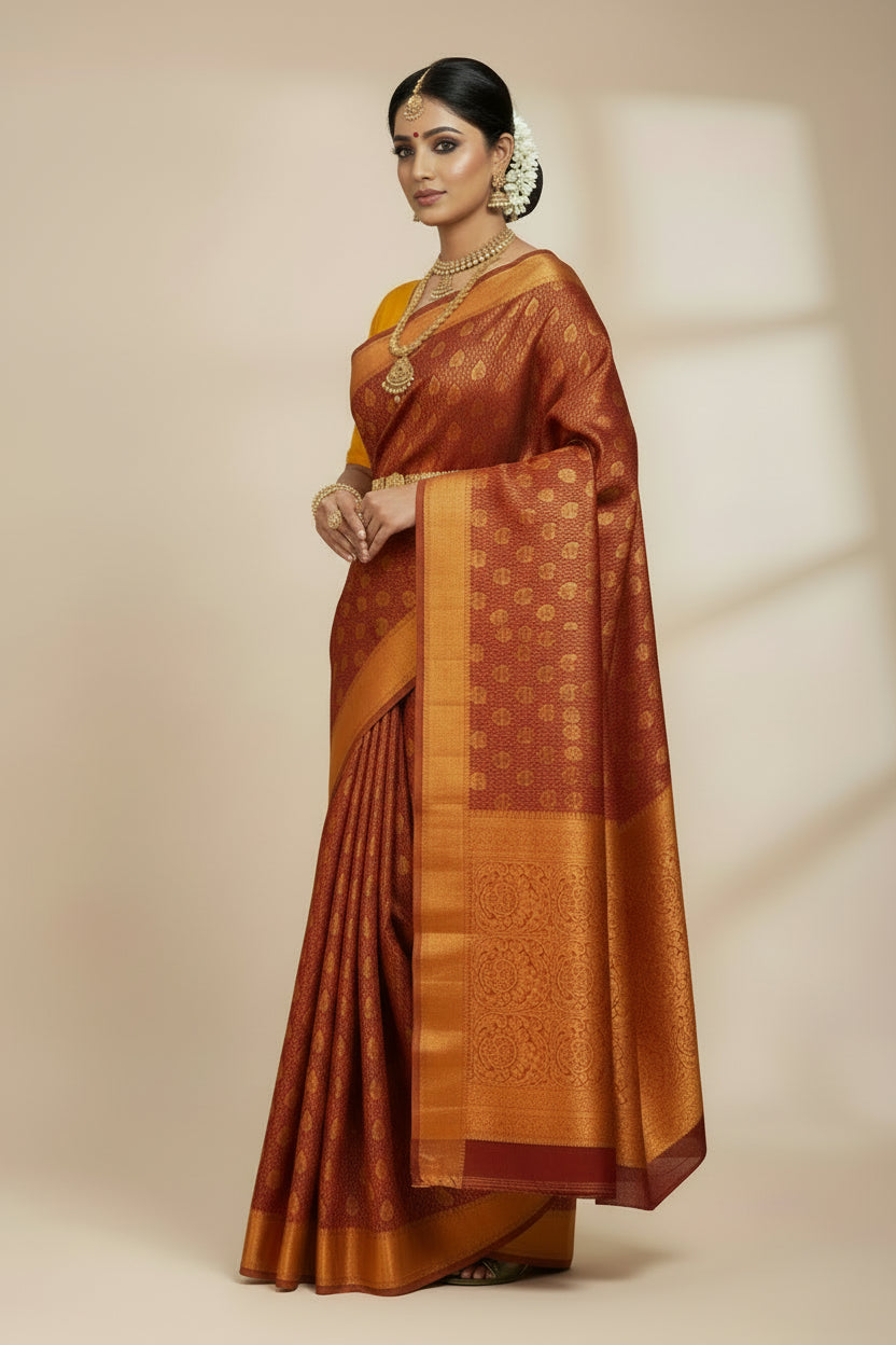 Vegan Silk Saree Maroon Colour with Golden Yellow and Copper Border
