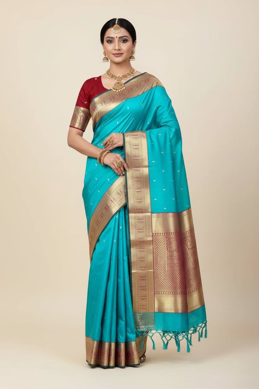 Pure Kanchipuram Silk Sapphire Colour with Red and Golden Zari Border