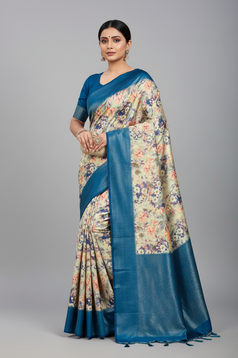 Digital Print Silk Saree Blue Colour with Floral Pattern