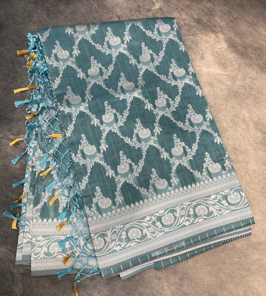 Banaras Katan Saree Greyish Blue Colour with Katan Work Border