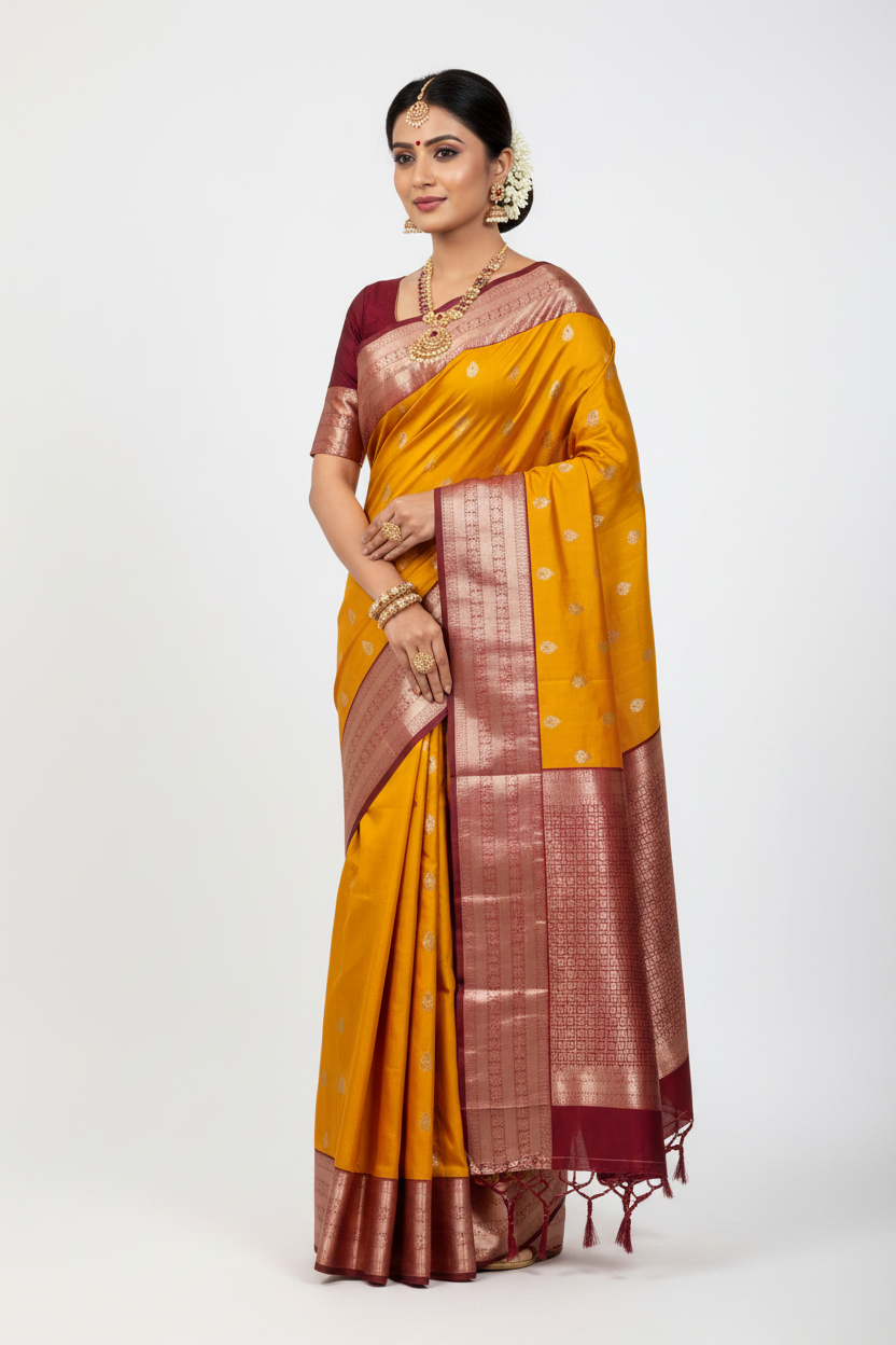 Pure Kanchipuram Silk Saree Mango Yellow Colour with Maroon Border