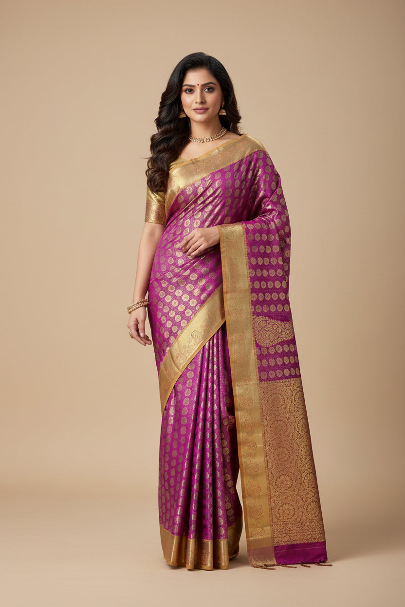 Vegan Silk Saree Pink Colour with Golden Yellow and Copper Border