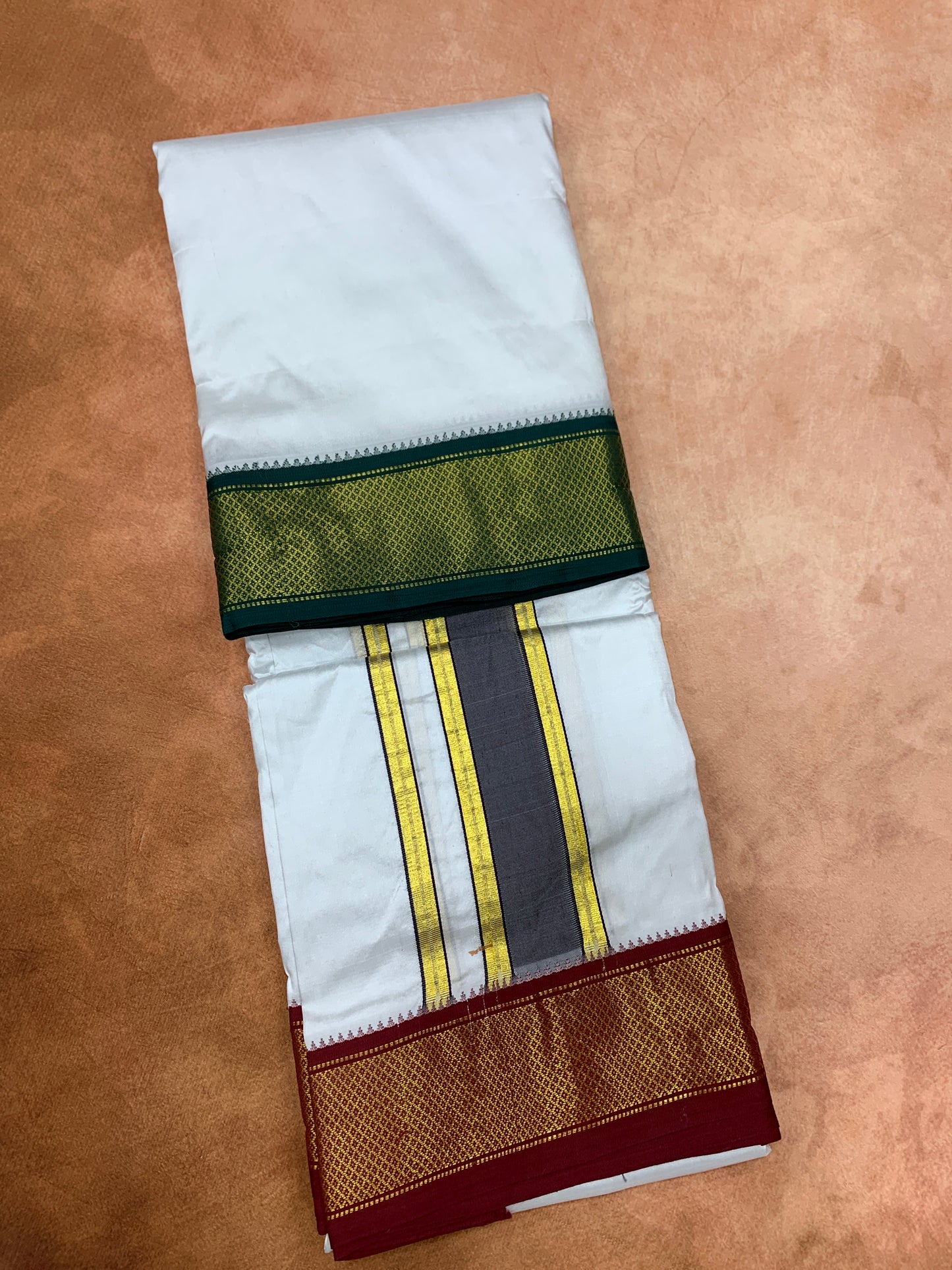 9X5 Pure Silk Dhoti White Colour with Green and Maroon Ganga Jamuna Border