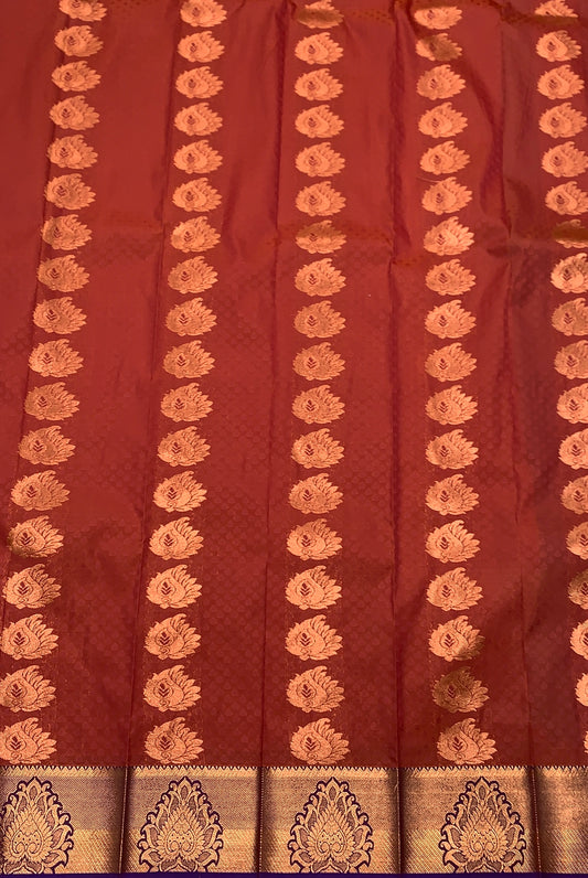 Vegan Silk Saree Maroon shade with Copper and Violet Border