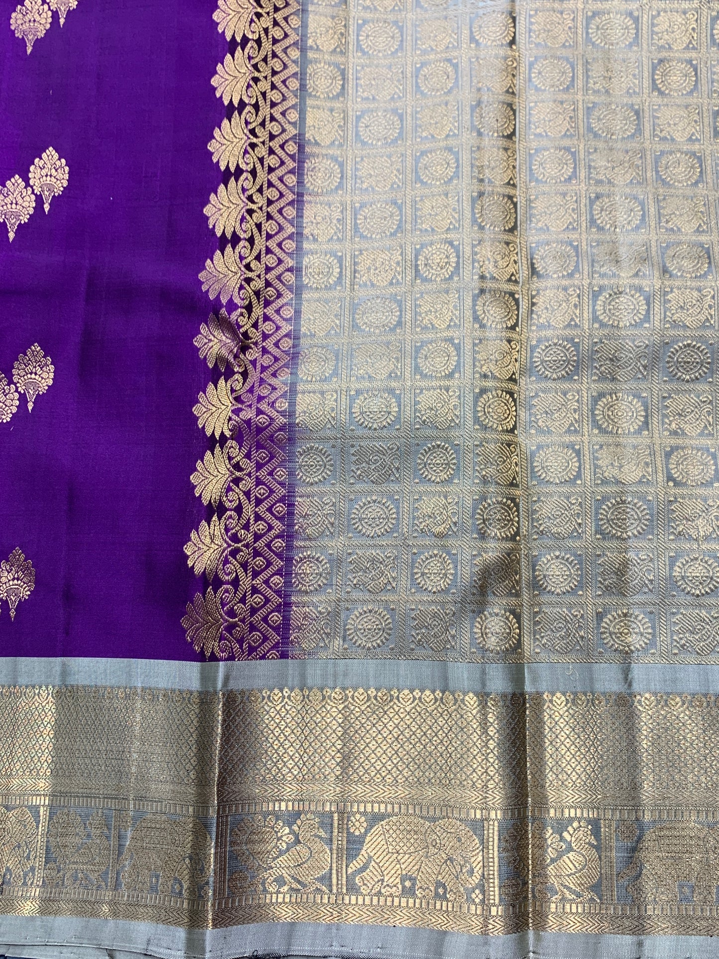 Pure Kanchipuram Silk Saree Dark Purple Colour with Biscuit Colour Border