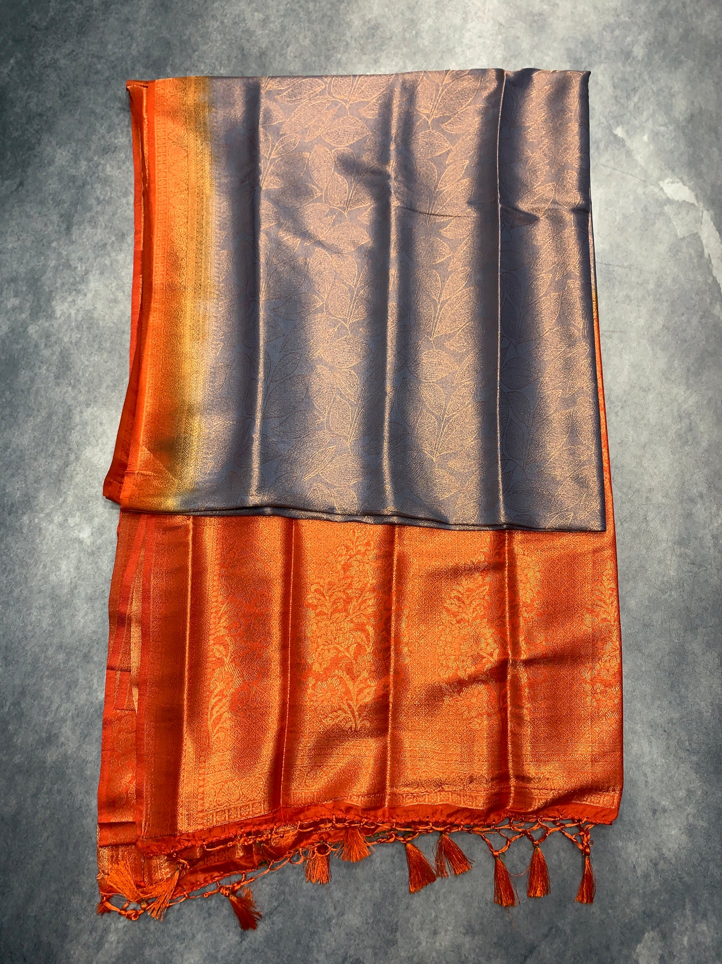 Soft Silk Saree Gray Colour with Orange Colour Pallu
